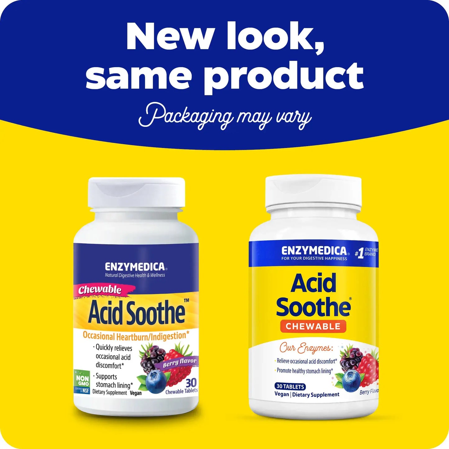 The brand new look for Acid Soothe Chewable.