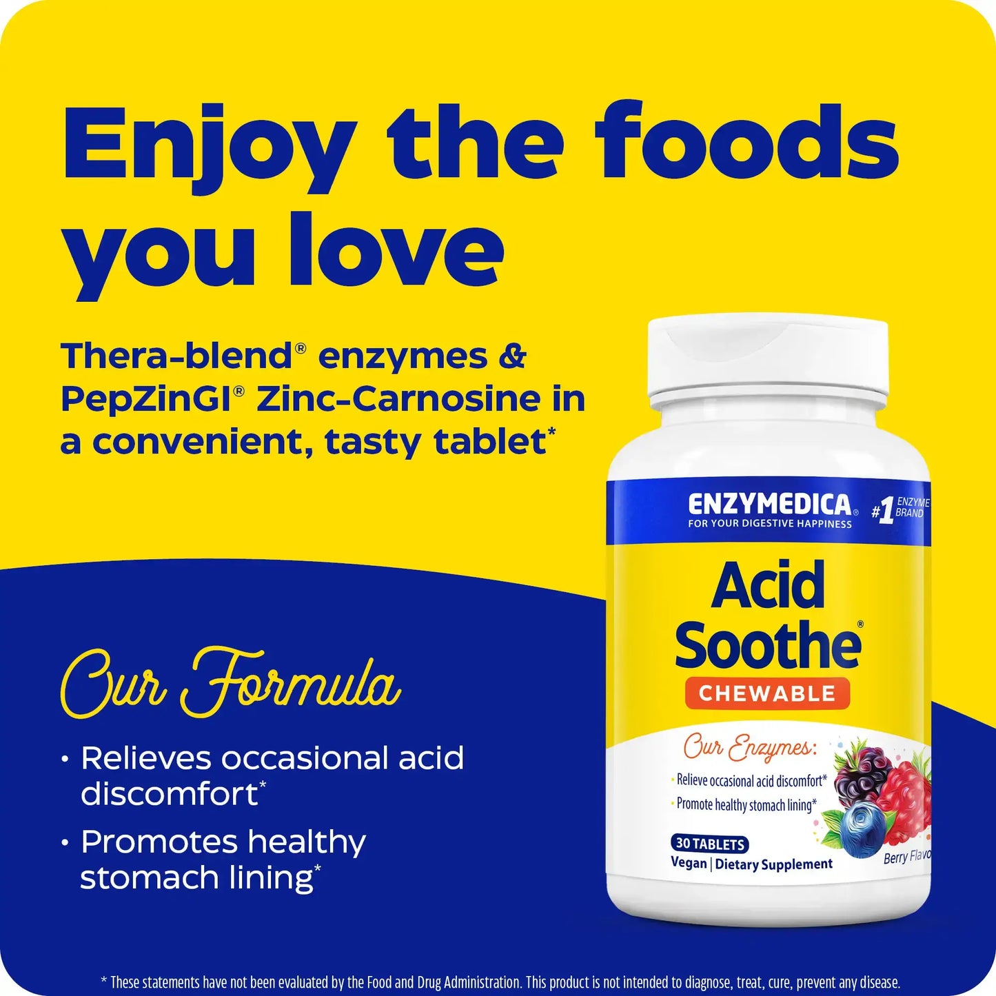 This image shows how you can enjoy the foods you love with Acid Soothe Chewable.