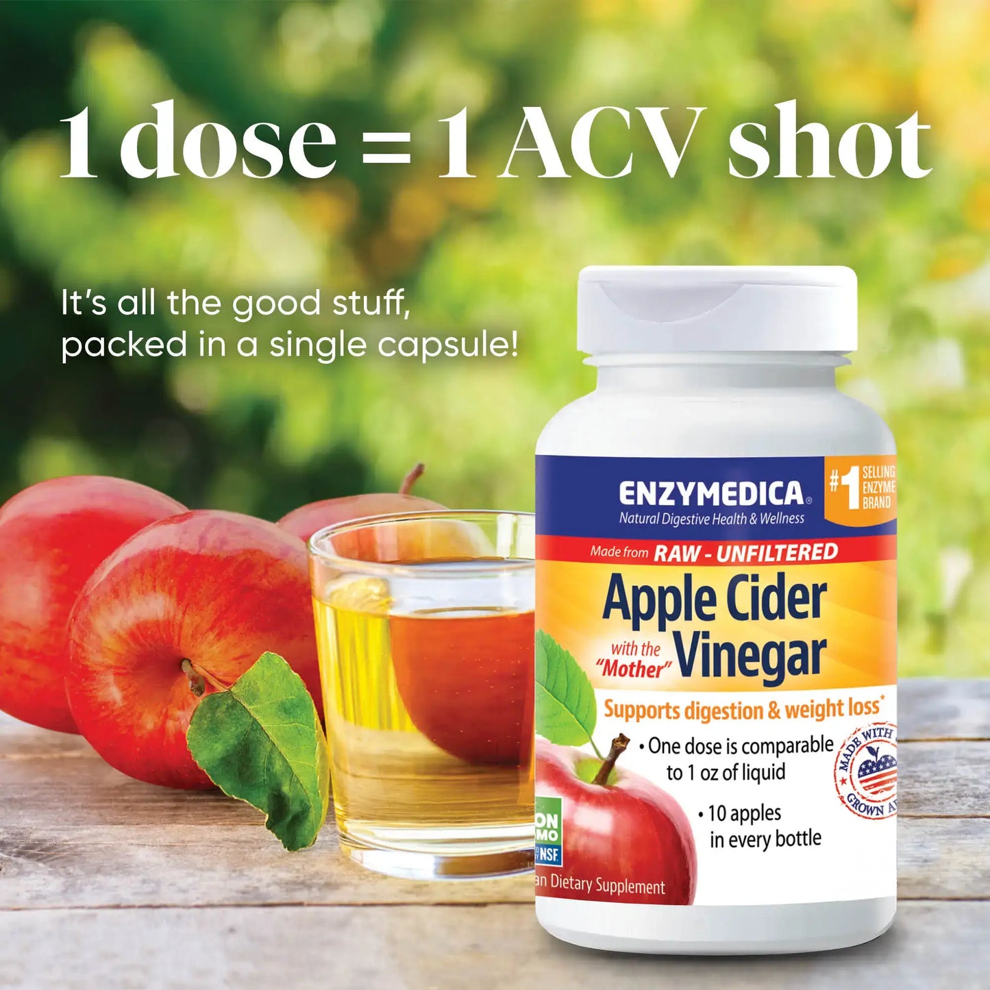 This image shows how 1 dose= 1 ACV shot.