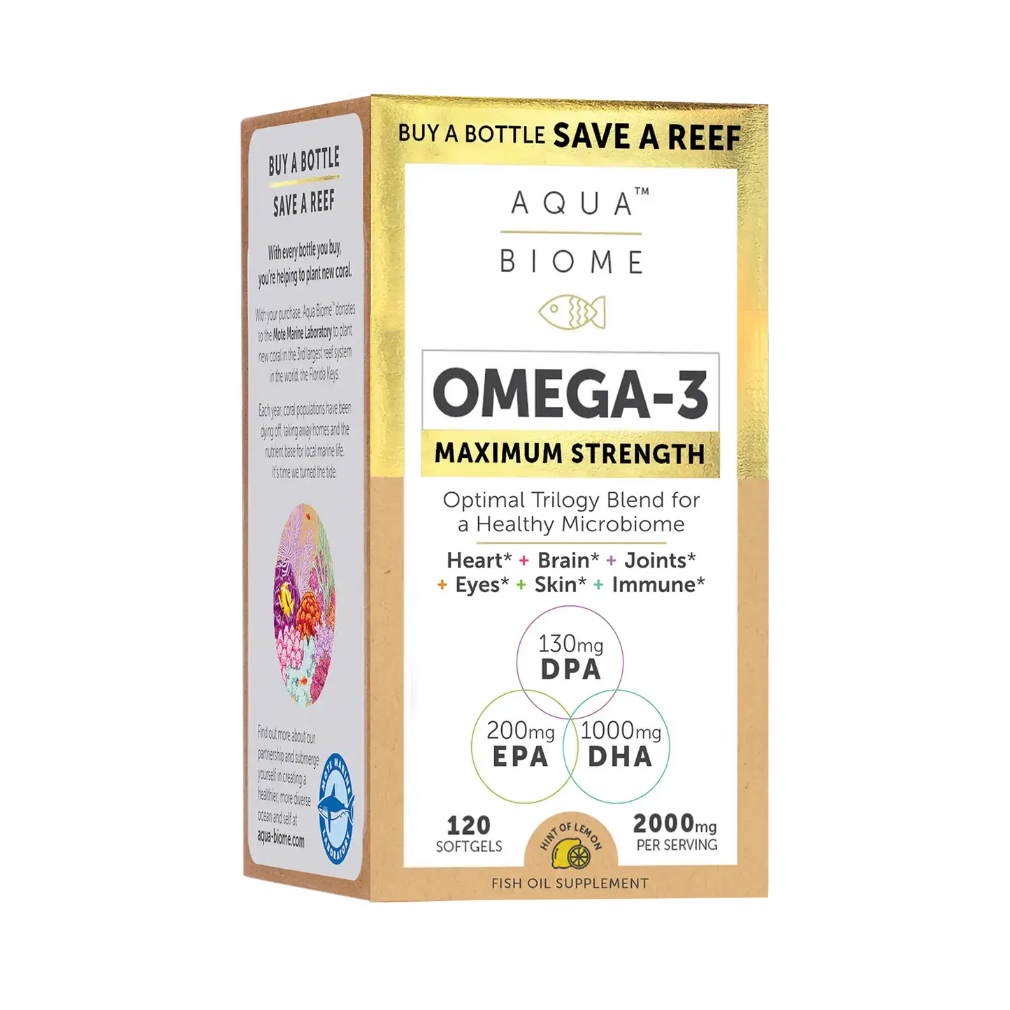 This image shows the 120-count carton of Aqua Biome Max Strength.