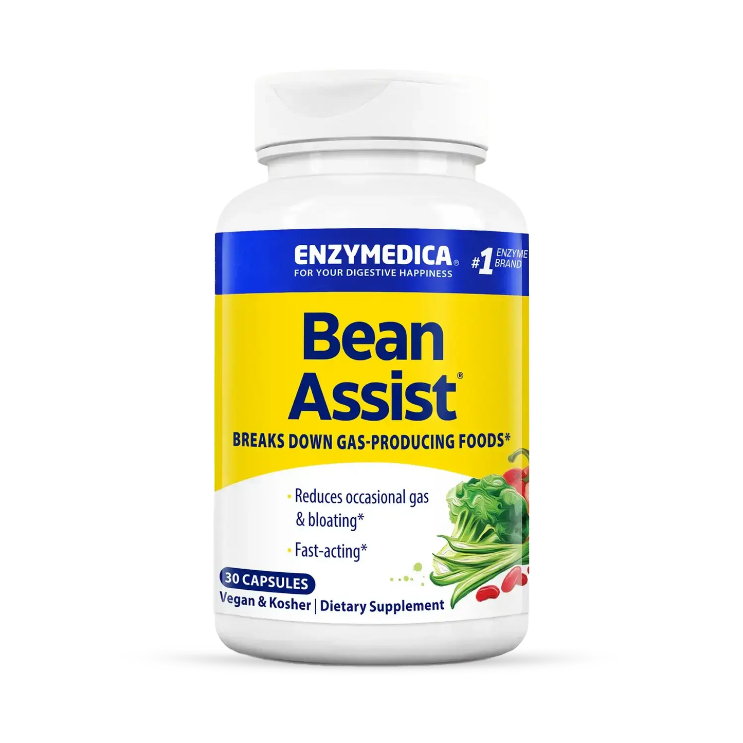 This image shows the bottle of Bean Assist that holds 30 capsules.