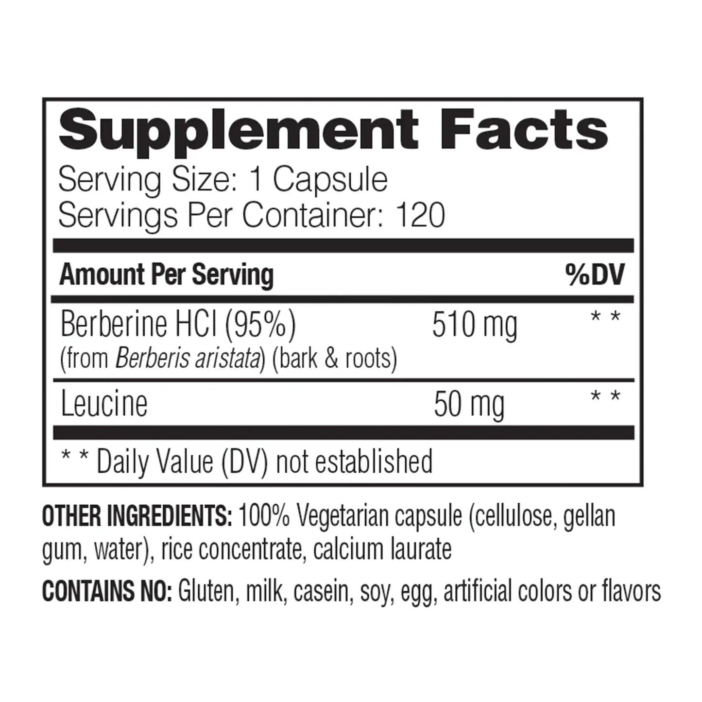 This image shows the supplement facts of Berberine that holds 120 capsules.