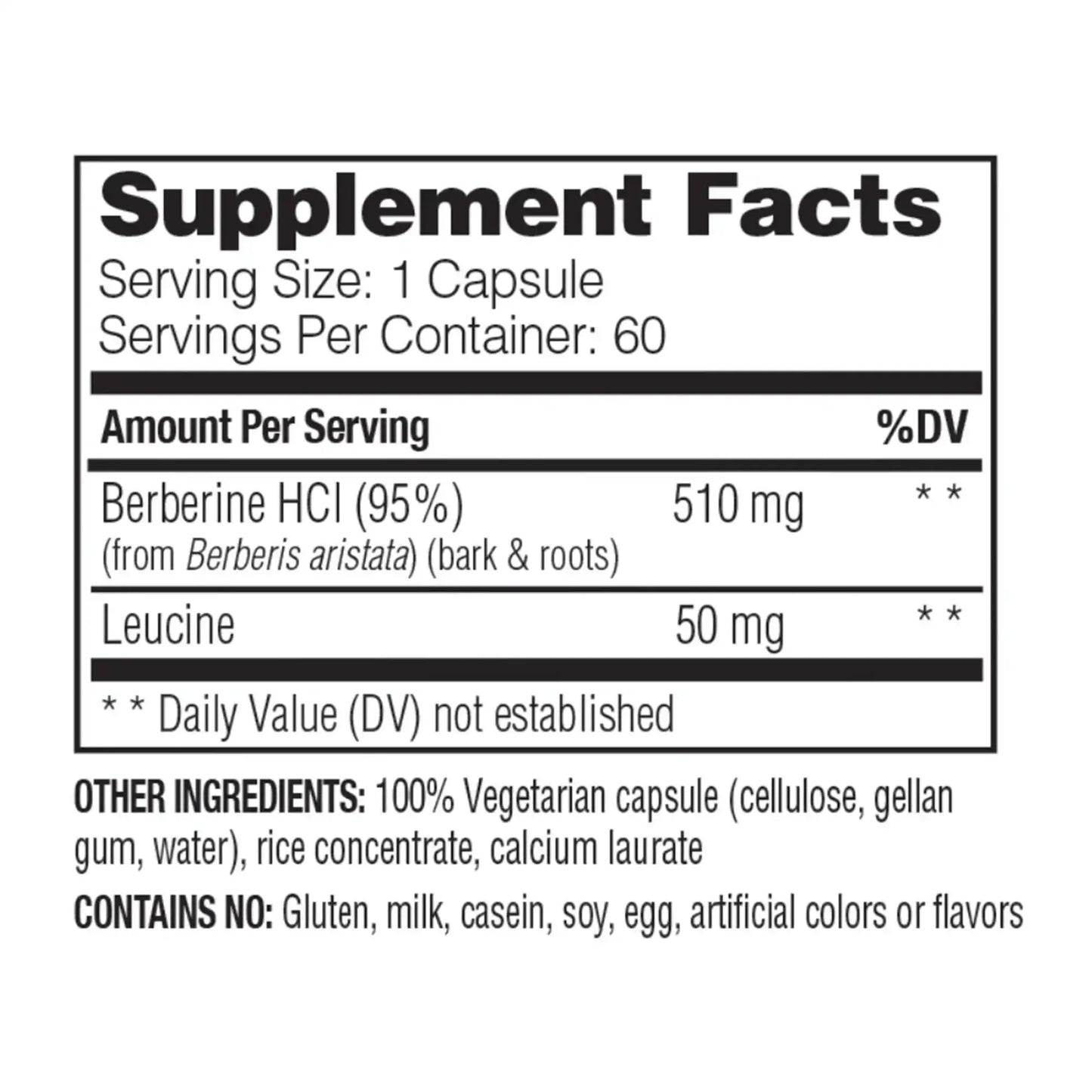 This image shows the supplement facts of Berberine that holds 60 capsules.