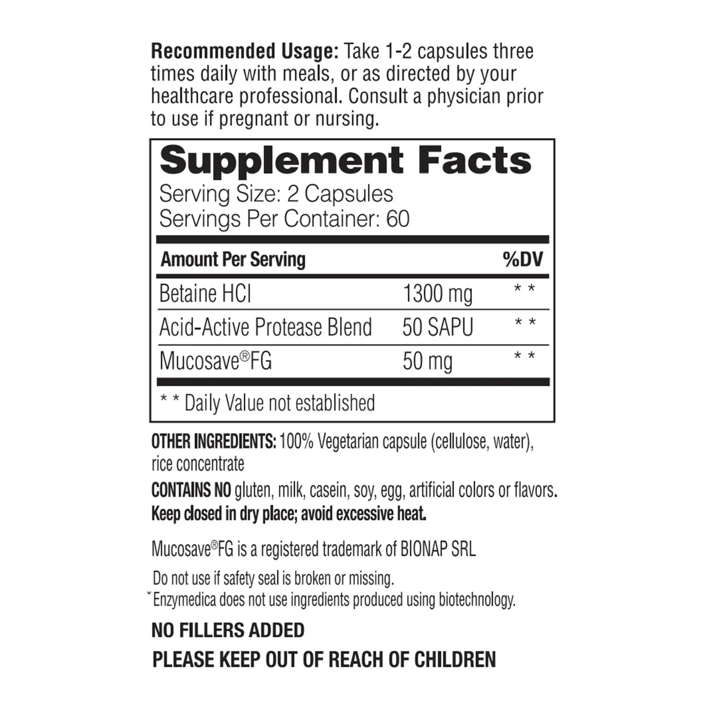 This image shows the supplement facts of Betaine HCI.