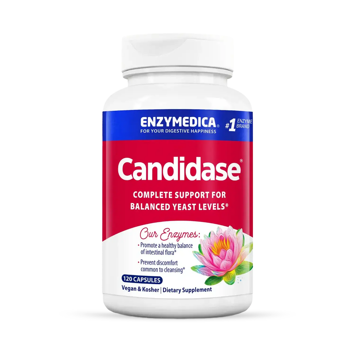 This image holds a bottle of Candidase that holds 120 capsules.