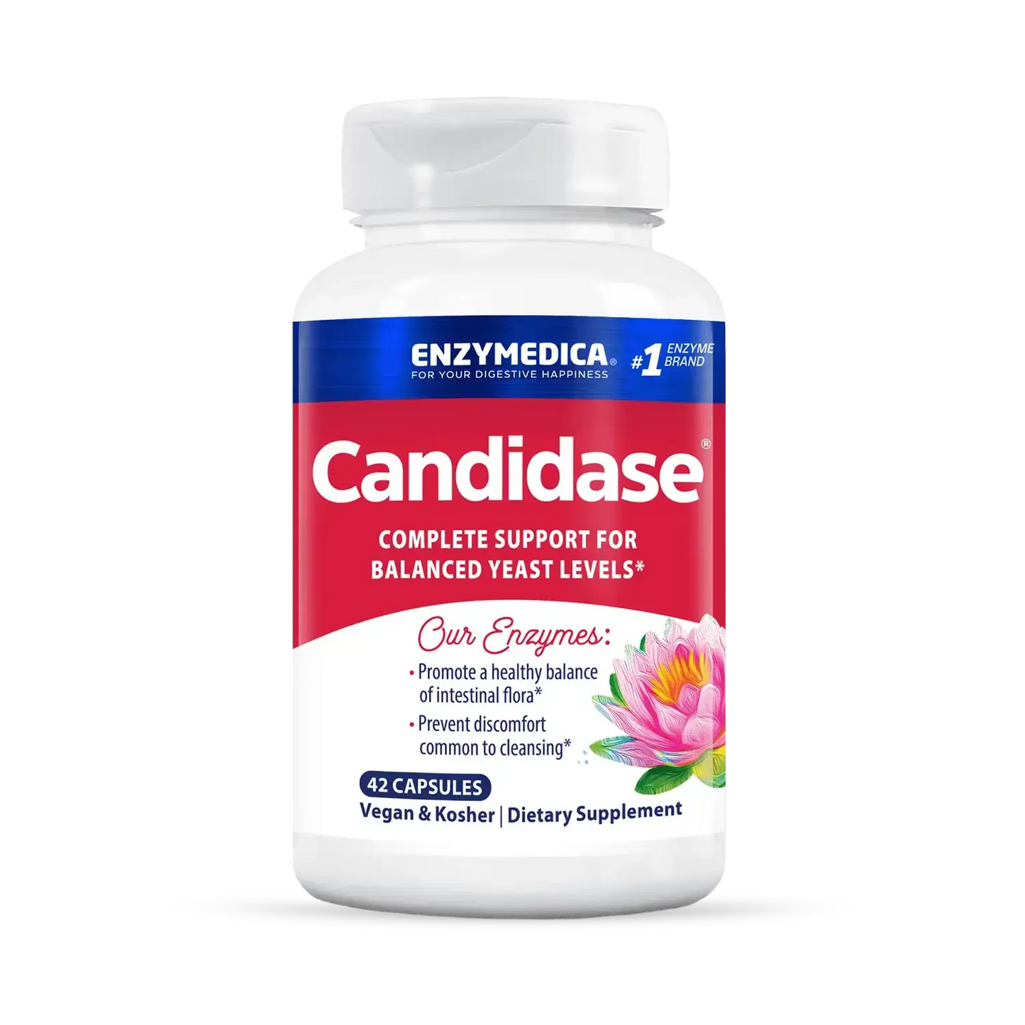 This image shows a bottle of Candidase that holds 42 capsules.