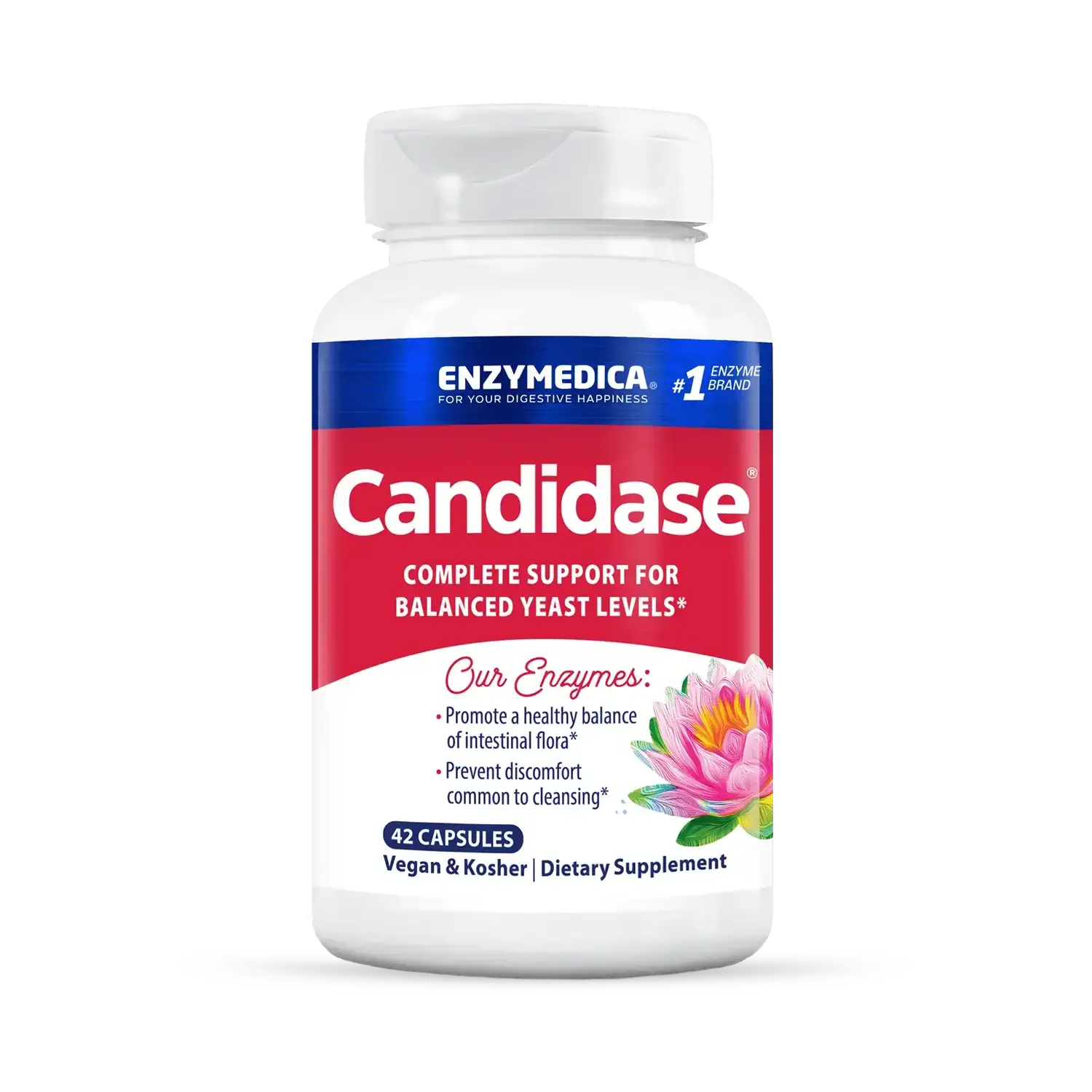 This image shows a bottle of Candidase that holds 42 capsules.