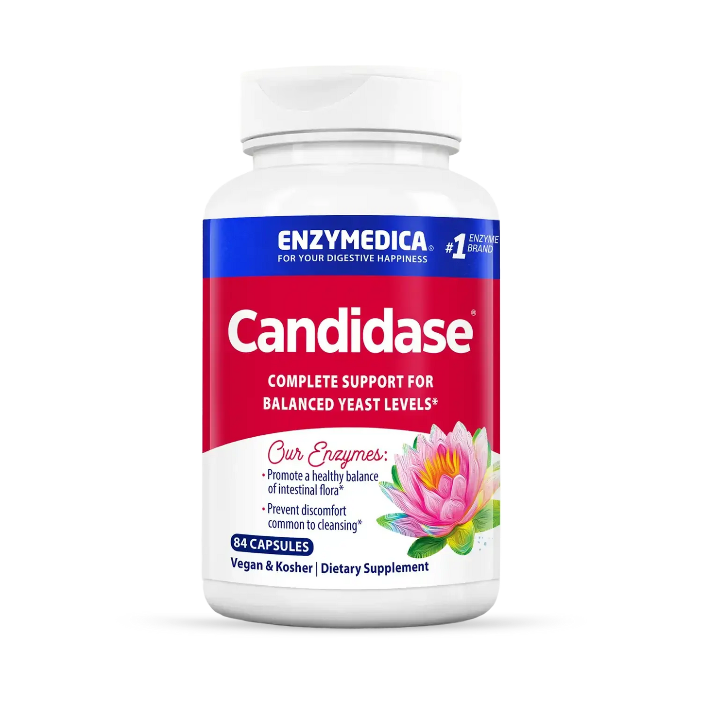 This image holds a bottle of Candidase that holds 84 capsules.