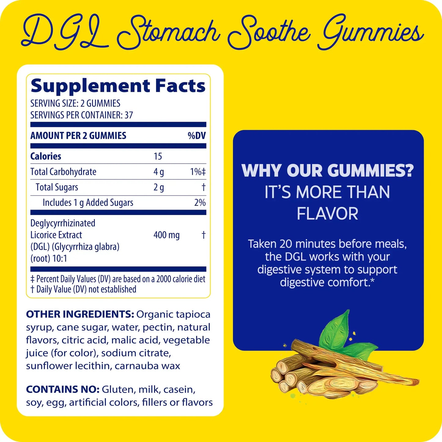 This image shows the supplement facts for DGL Gummies 74 count.
