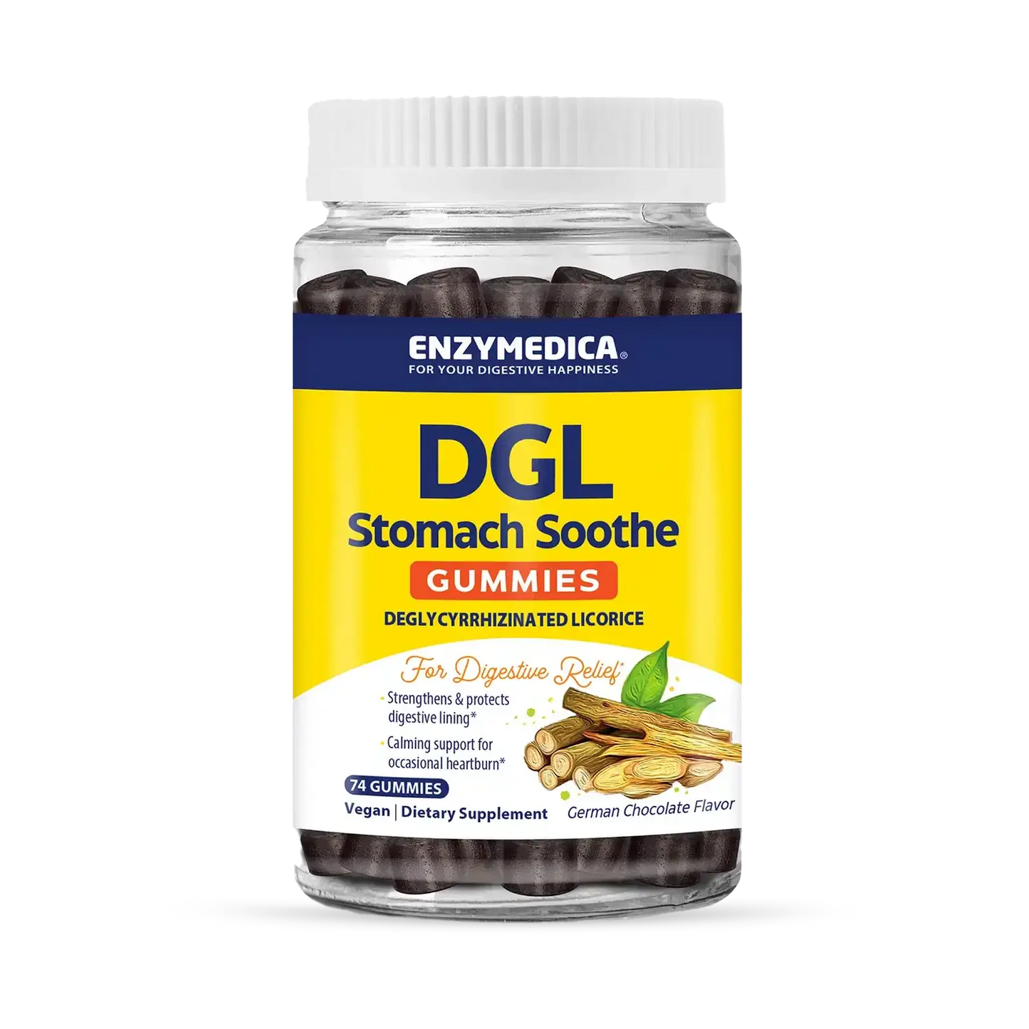 This image shows a bottle of DGL Gummies that holds 74 gummies.