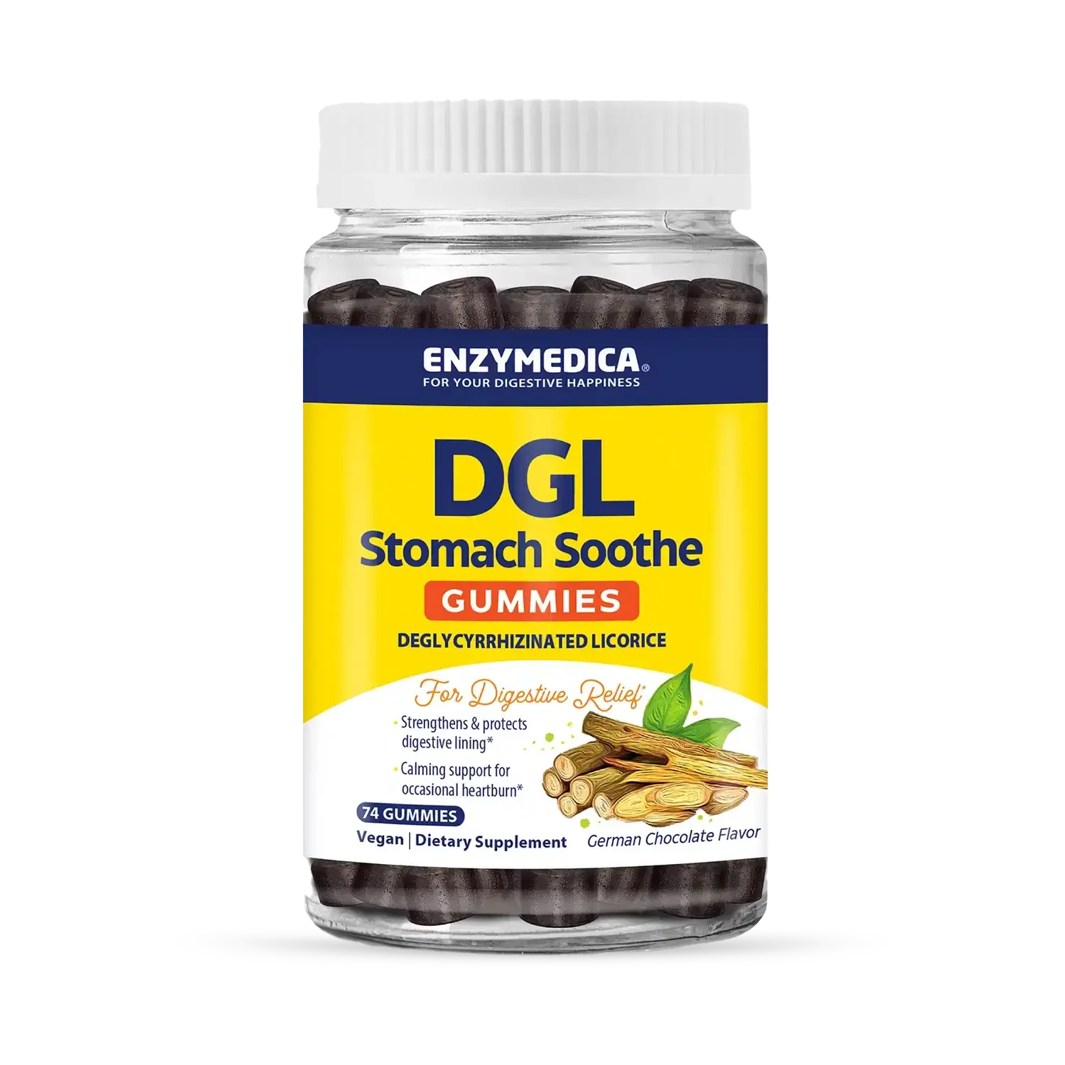 This image shows a bottle of DGL Gummies that holds 74 gummies.