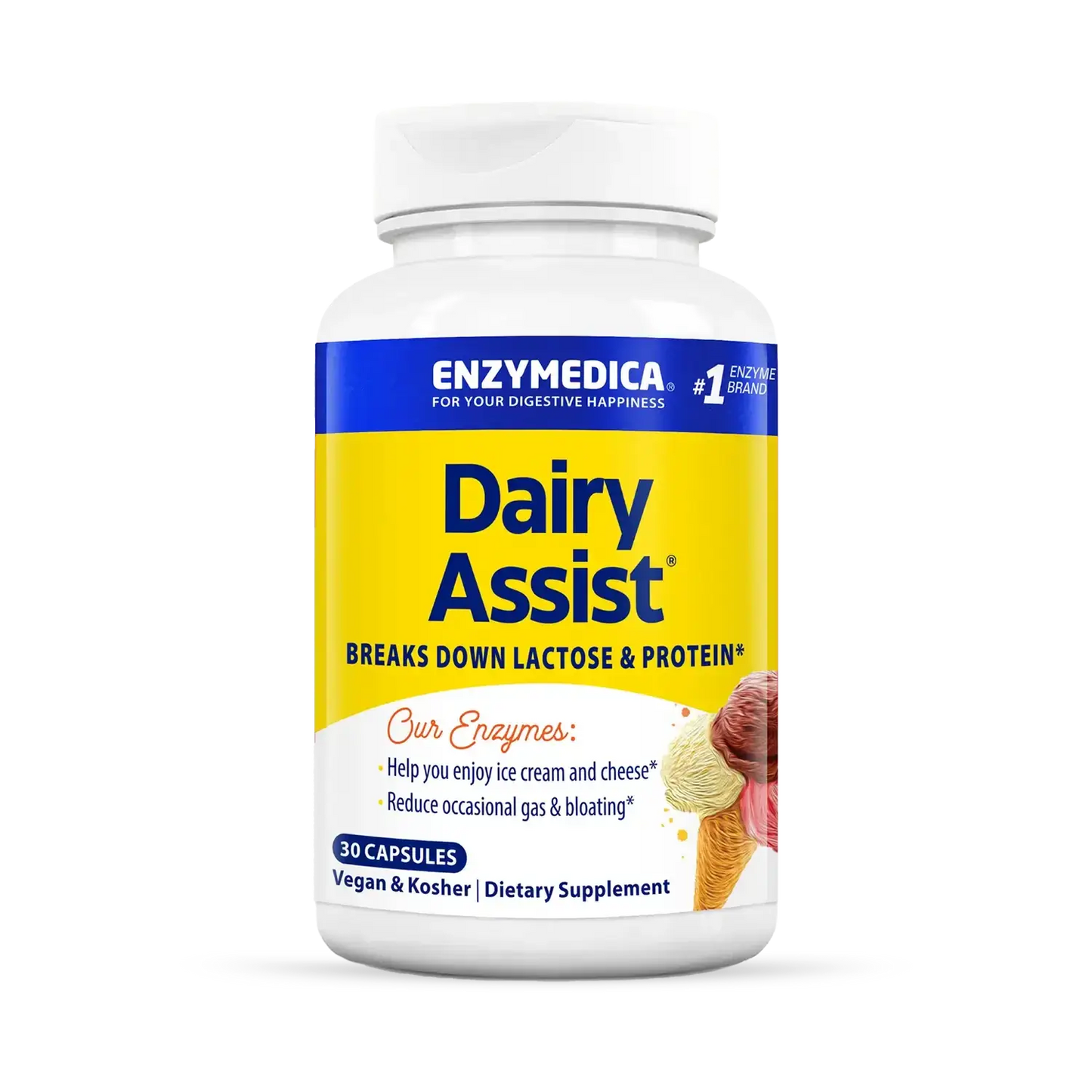 This image shows a bottle of Dairy Assist that holds 30 capsules.