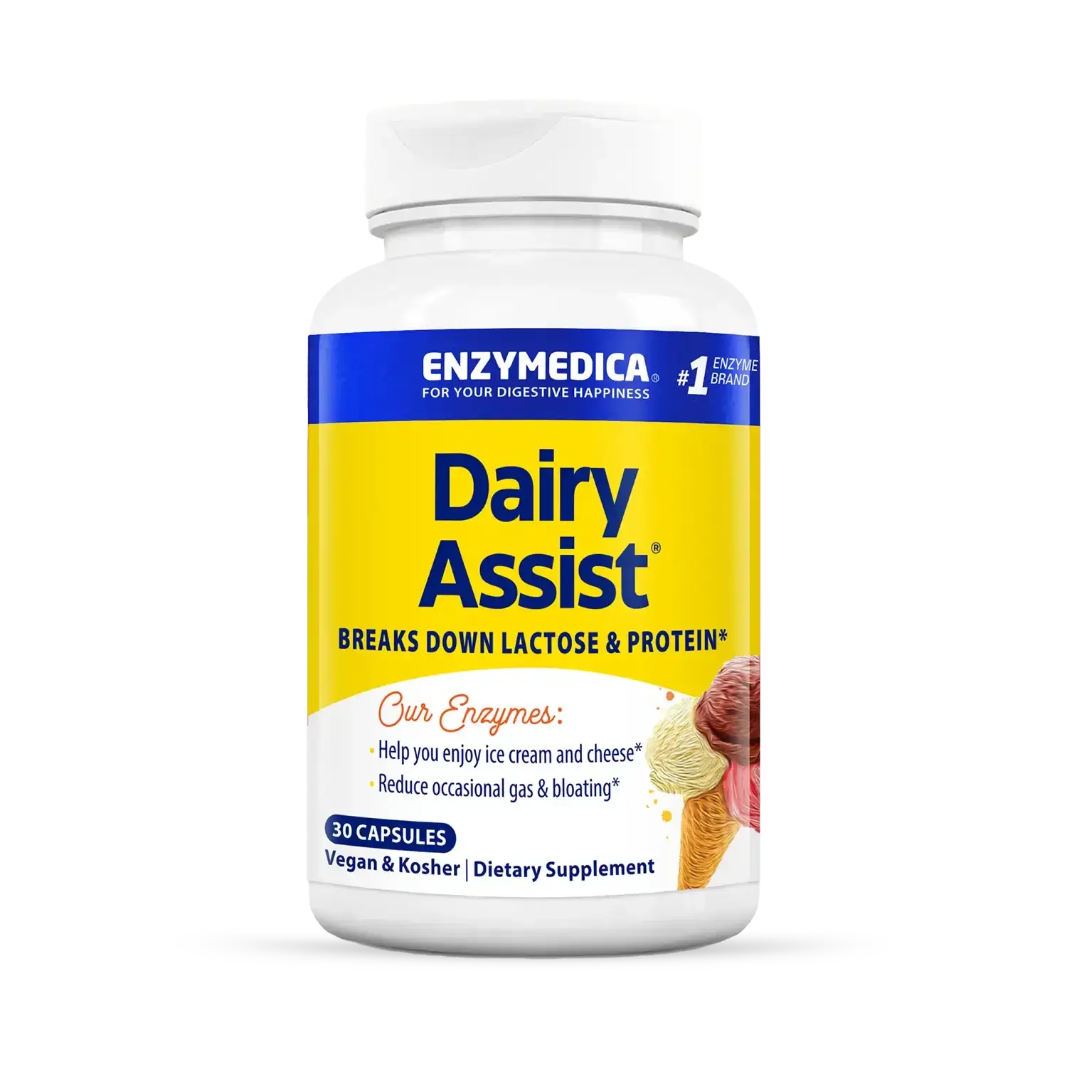 This image shows a bottle of Dairy Assist that holds 30 capsules.