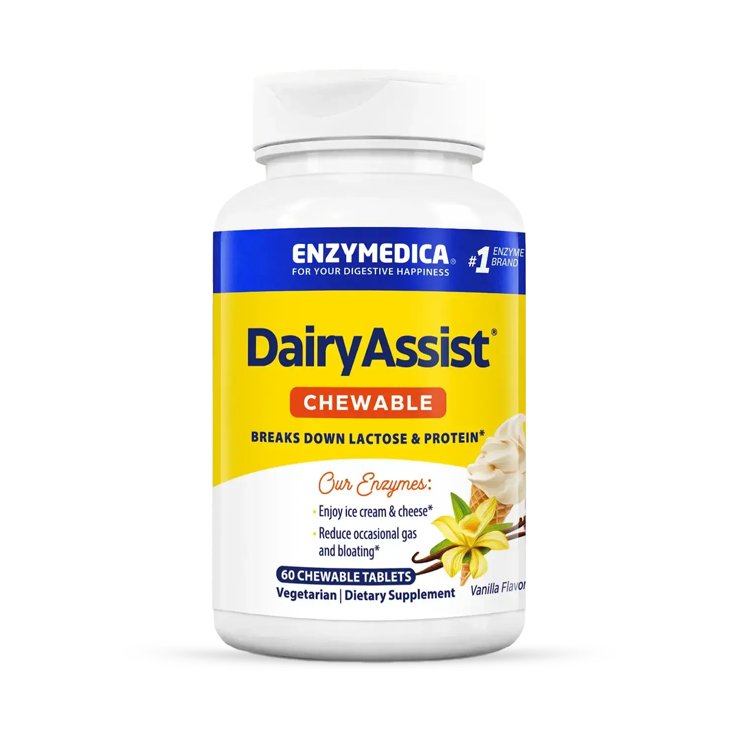 This image shows a bottle of Dairy Assist Chewable that holds 60 chewable tablets.
