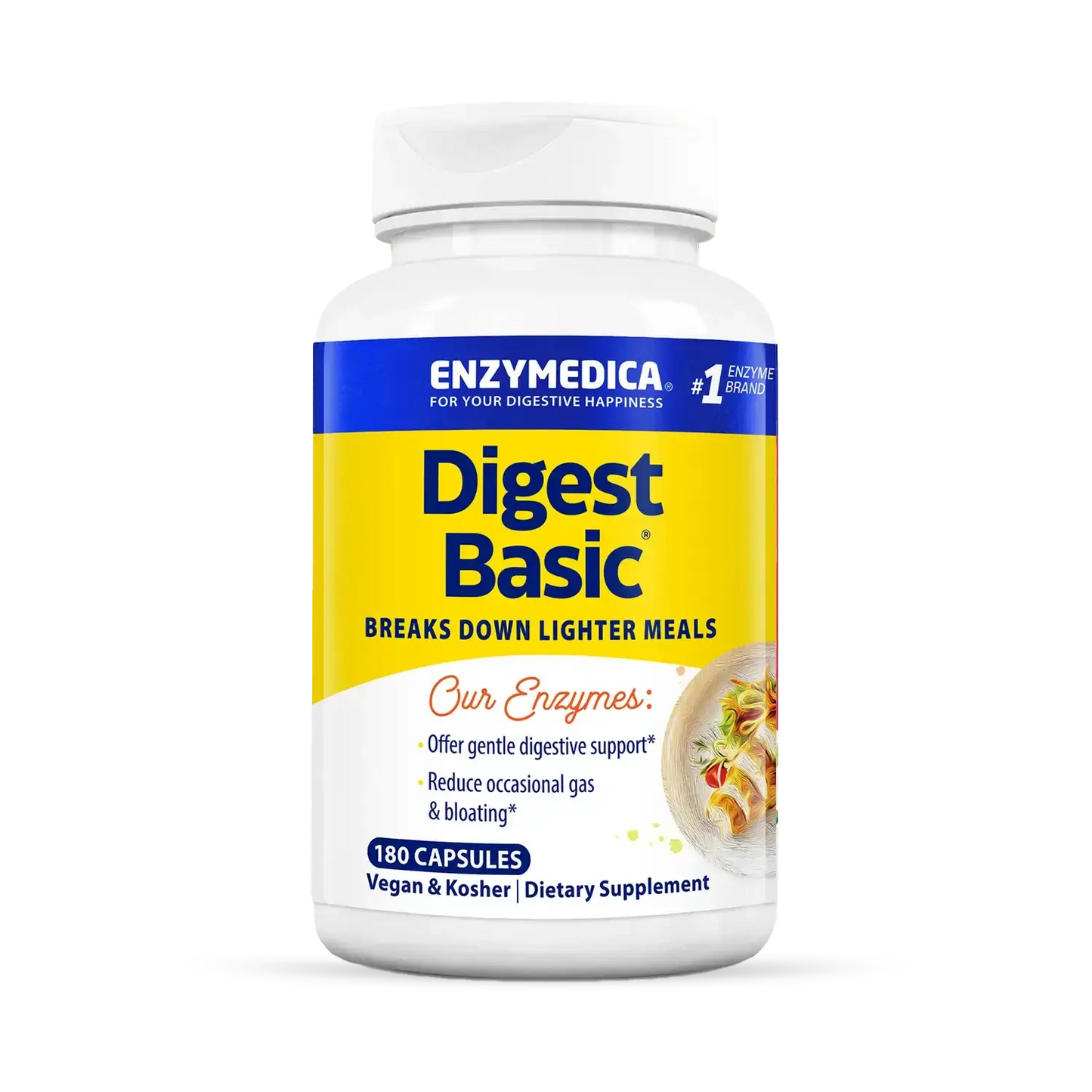 This image shows a bottle of Digest Basic that holds 180 capsules.