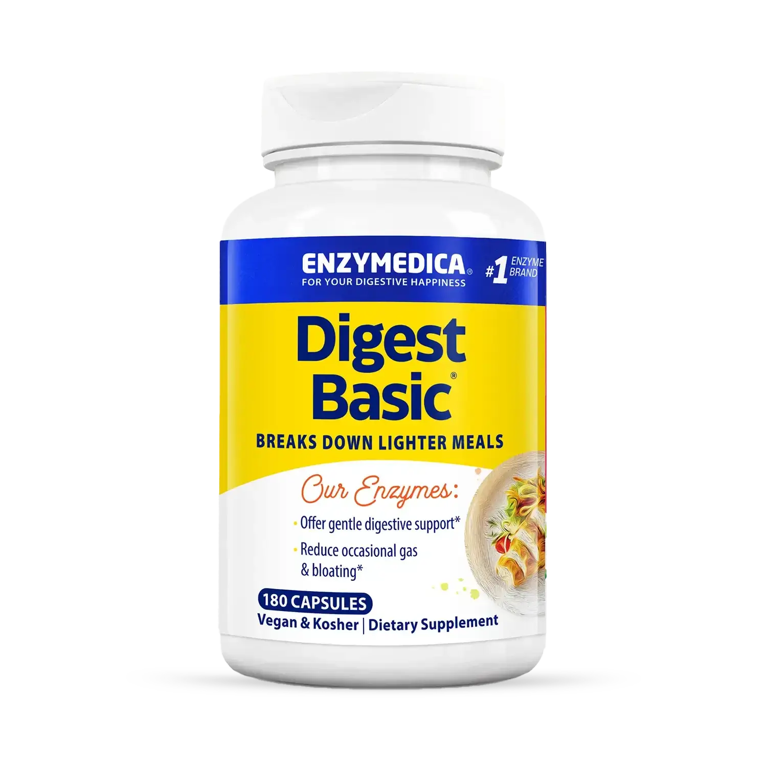This image shows a bottle of Digest Basic that holds 180 capsules.