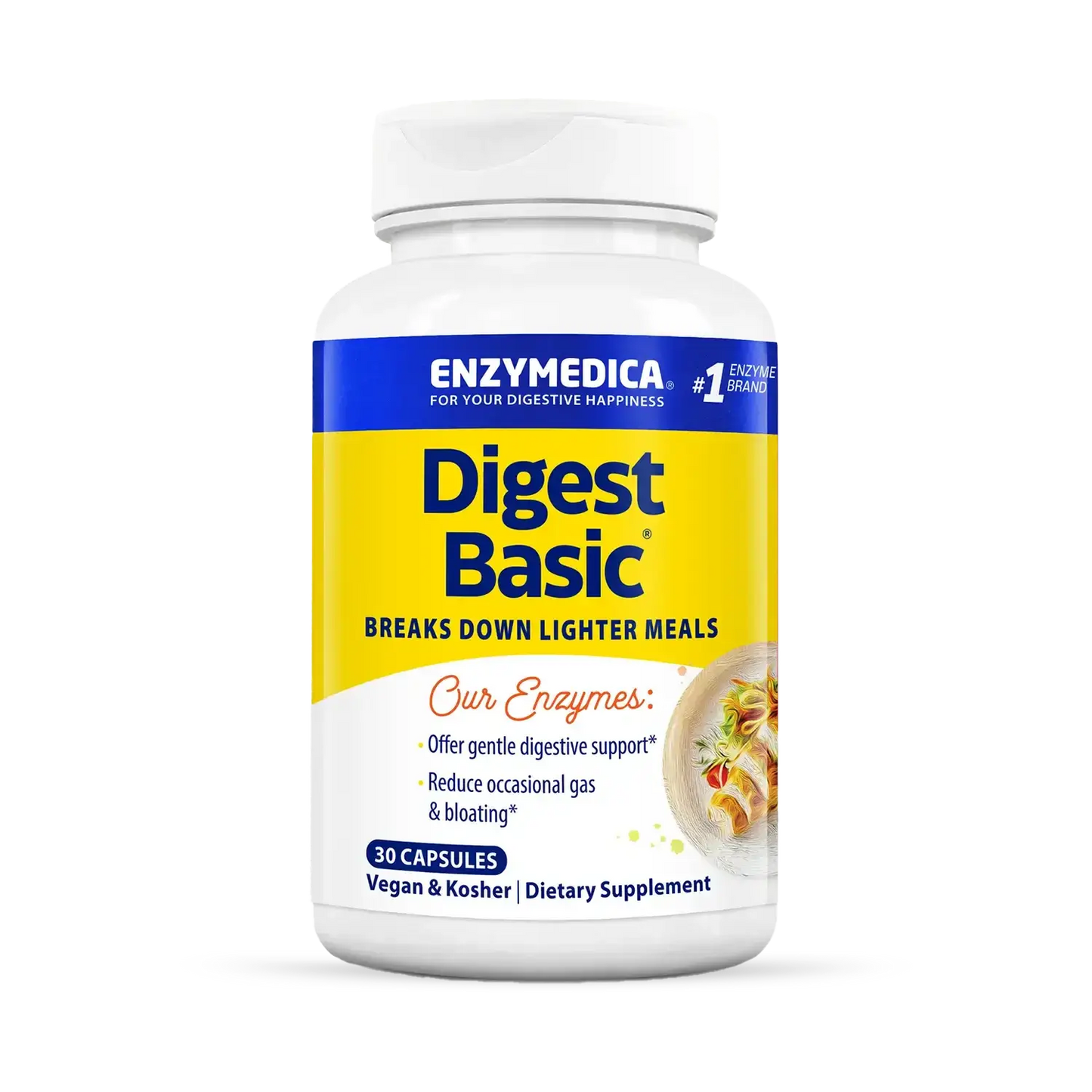 This image shows a bottle of Digest Basic that holds 30 capsules