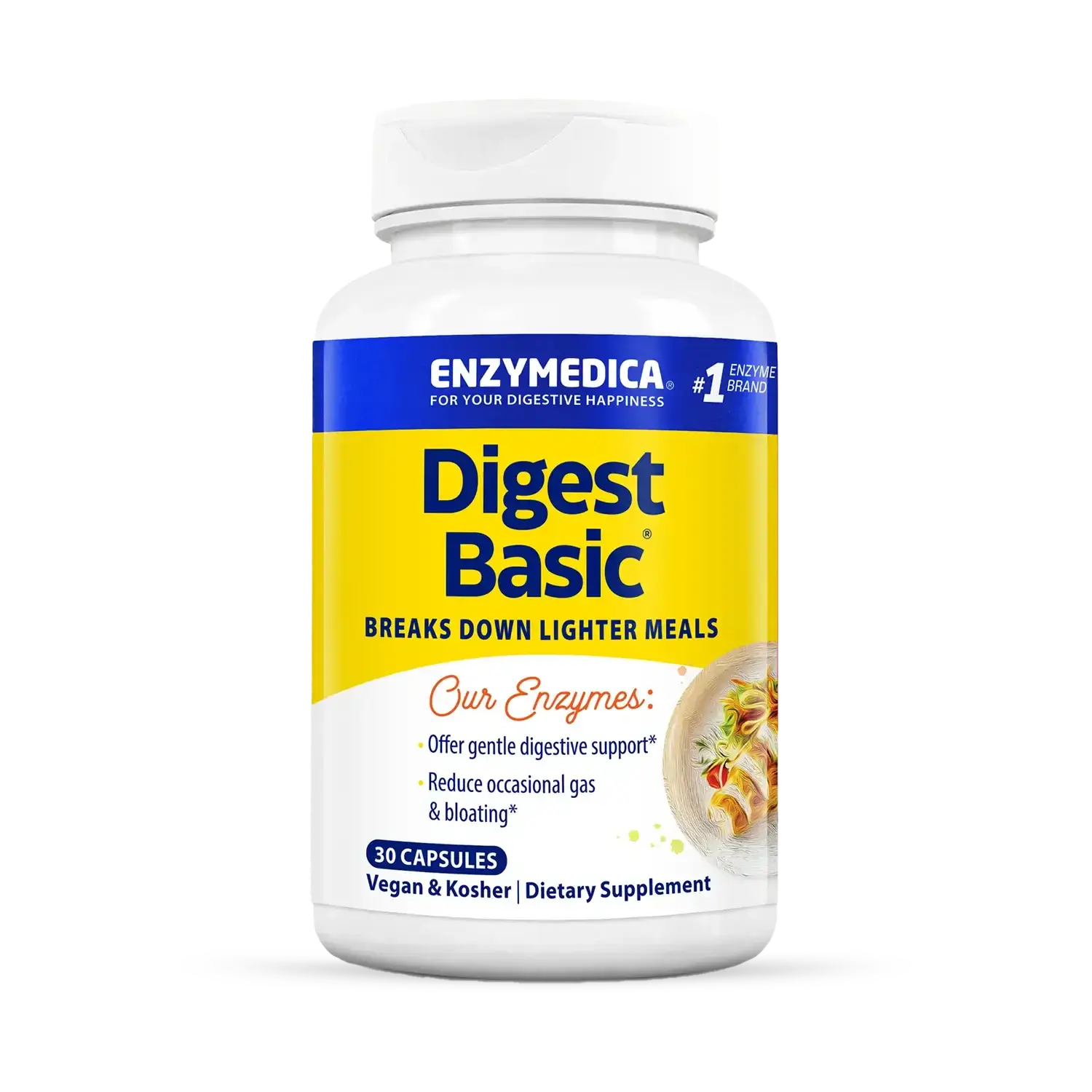 This image shows a bottle of Digest Basic that holds 30 capsules