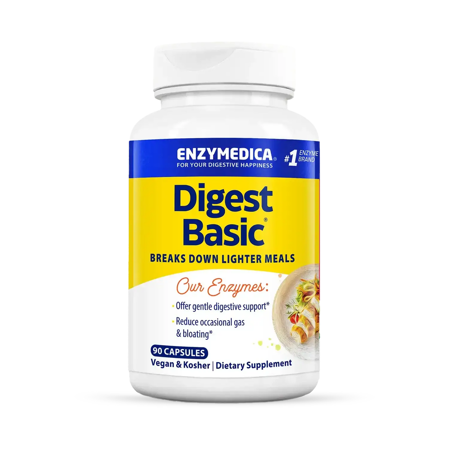 This image shows a bottle of Digest Basic that holds 90 capsules.