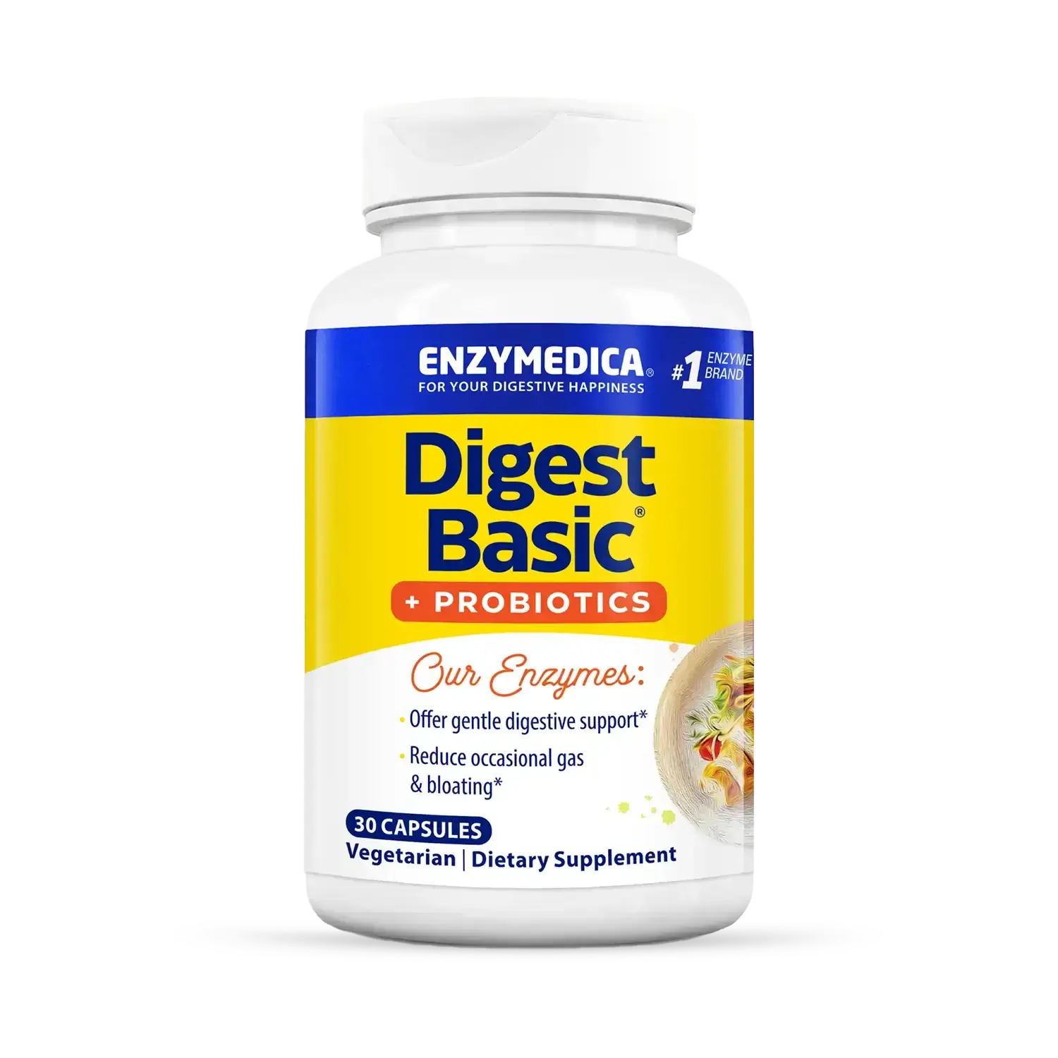 This image shows a bottle of Digest Basic Probiotics that holds 30 capsules.
