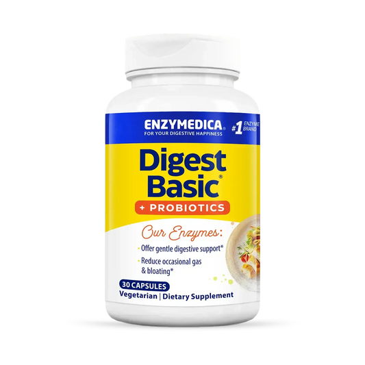 This image shows a bottle of Digest Basic Probiotics that holds 30 capsules.