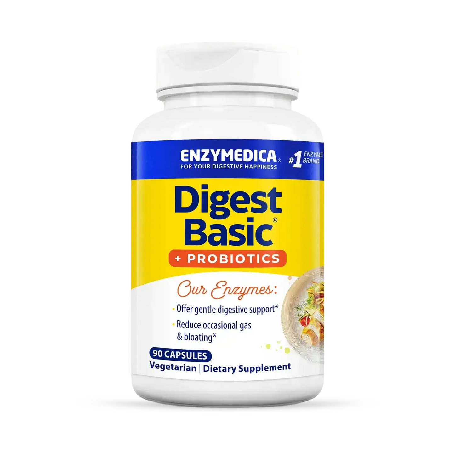 This image shows the bottle of Digest Basic Probiotics that holds 90 capsules.