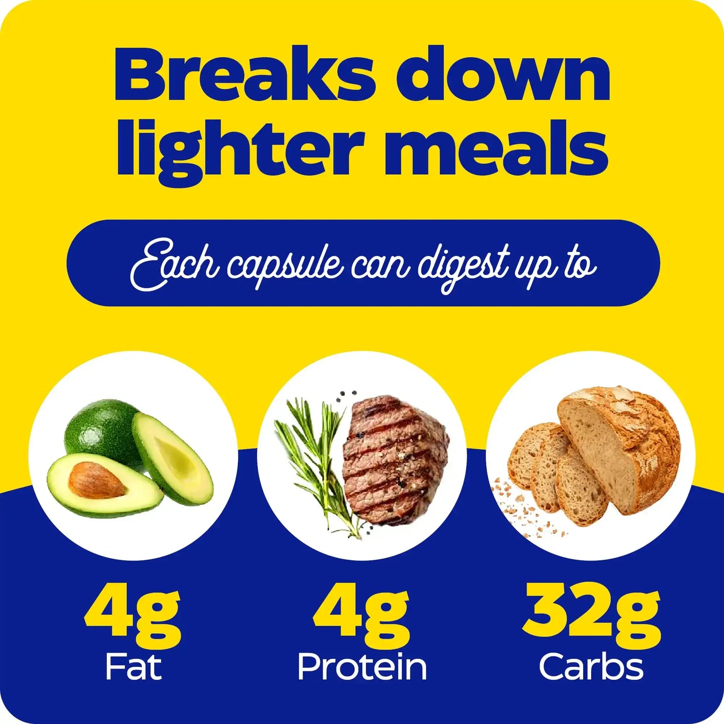 This image shows what each capsule of Digest Basic 30 count can digest up to.