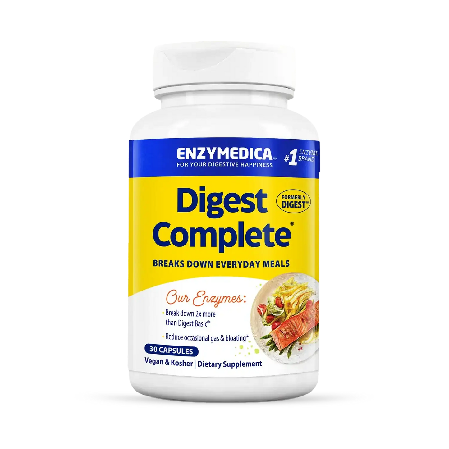 This image shows a bottle of Digest Complete that holds 30 capsules.