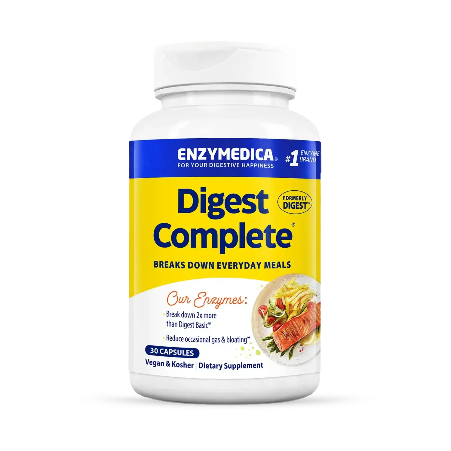 This image shows a bottle of Digest Complete that holds 30 capsules.