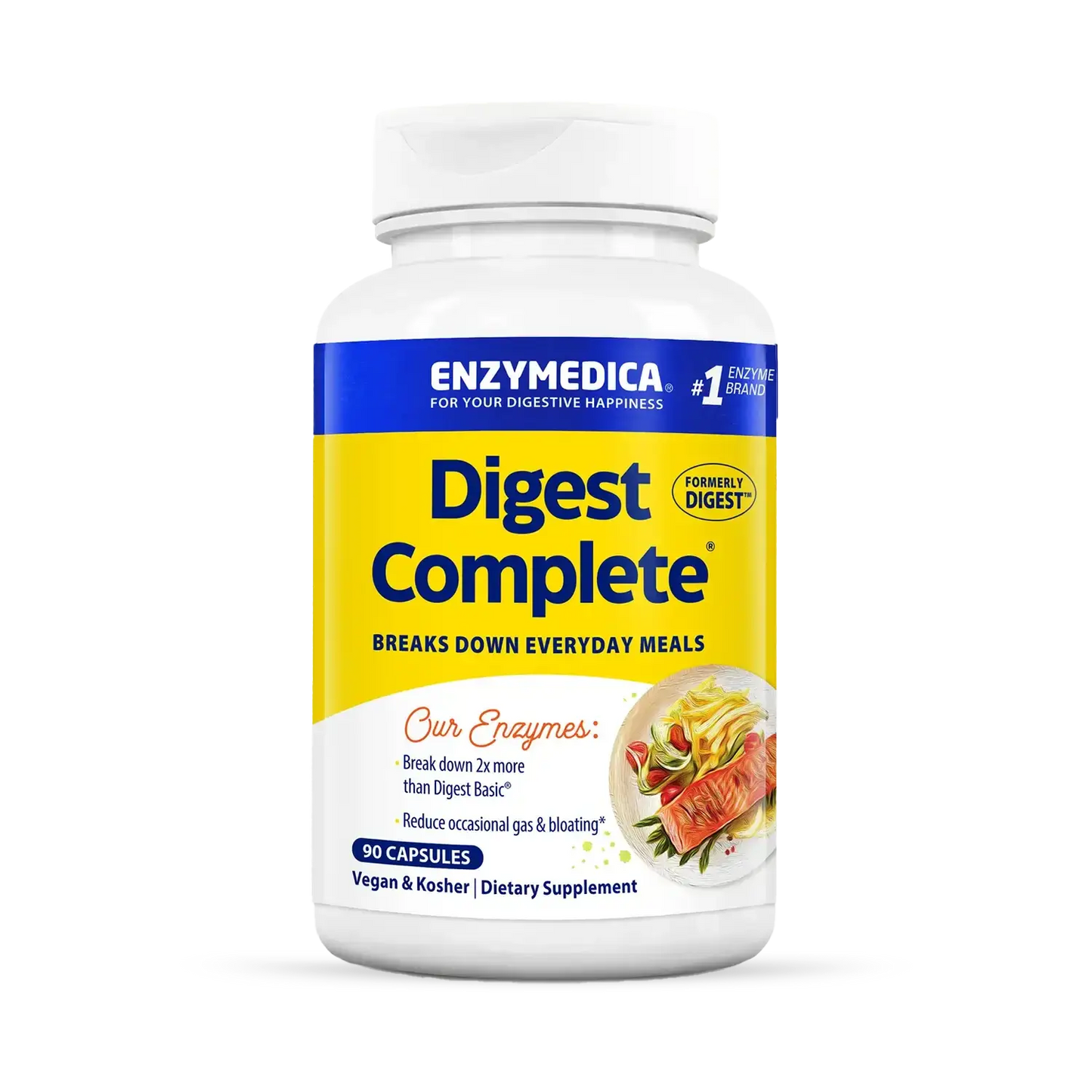 This image shows a bottle of Digest Complete that holds 90 capsules.