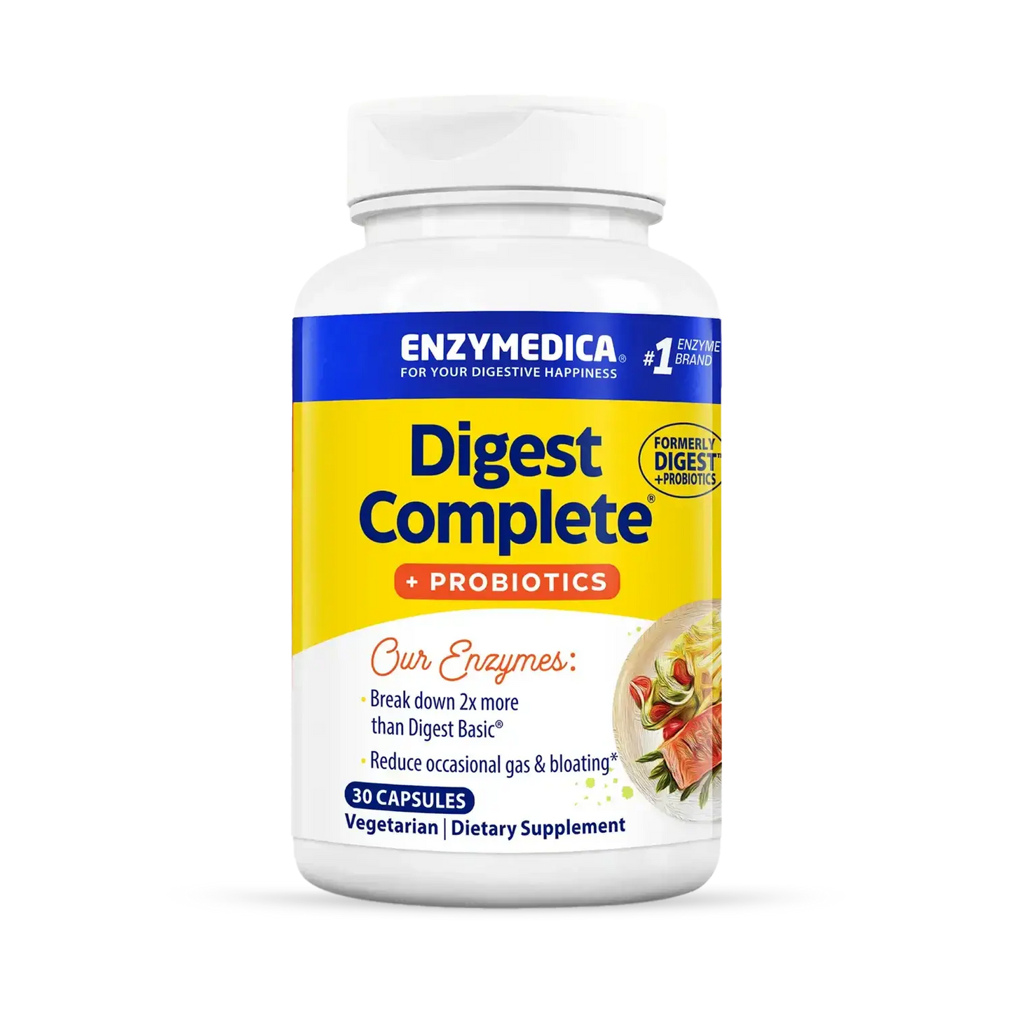 This image shows a bottle of Digest Complete Probiotics that holds 30 capsules.
