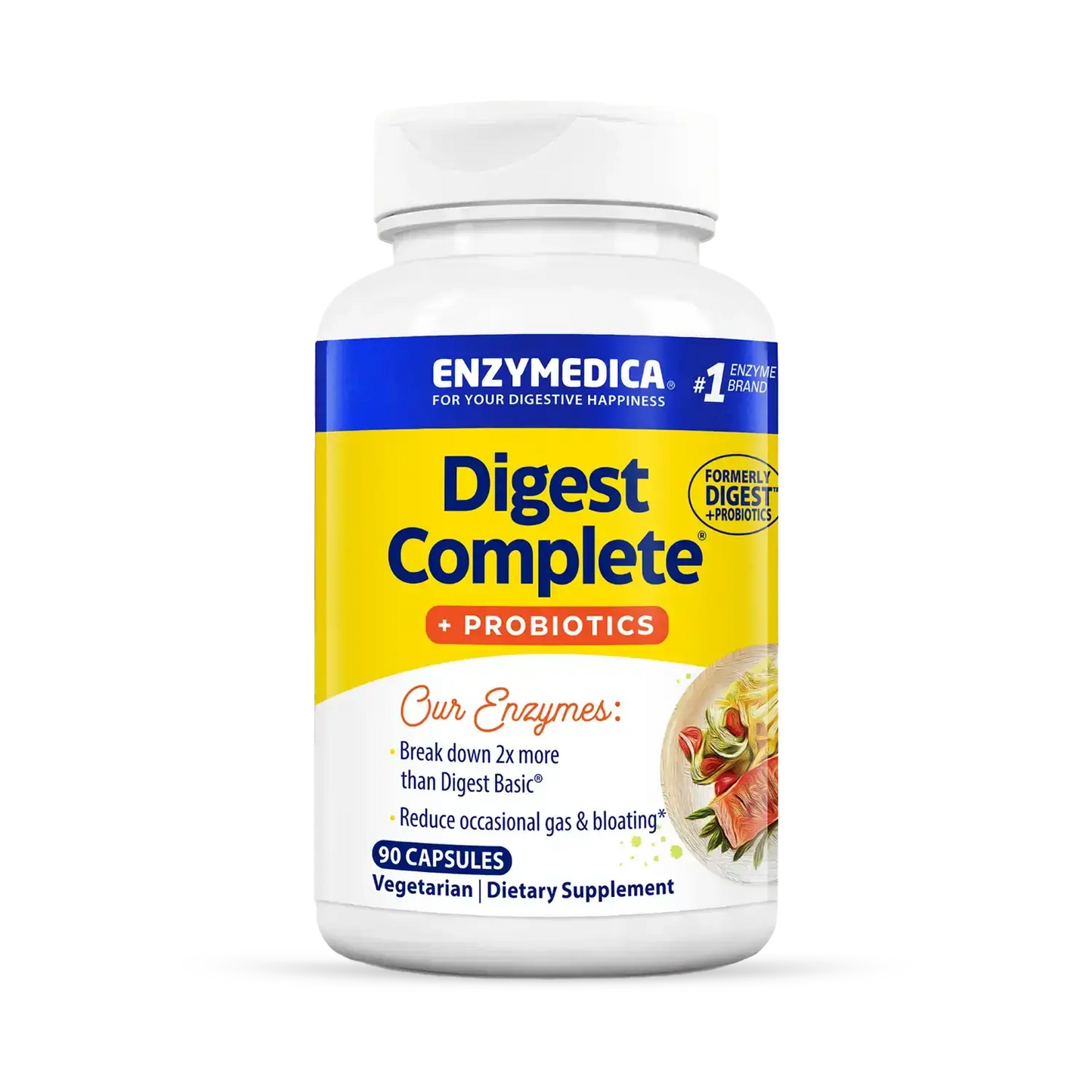 This image shows a bottle of Digest Complete Probiotics that holds 90 capsules.