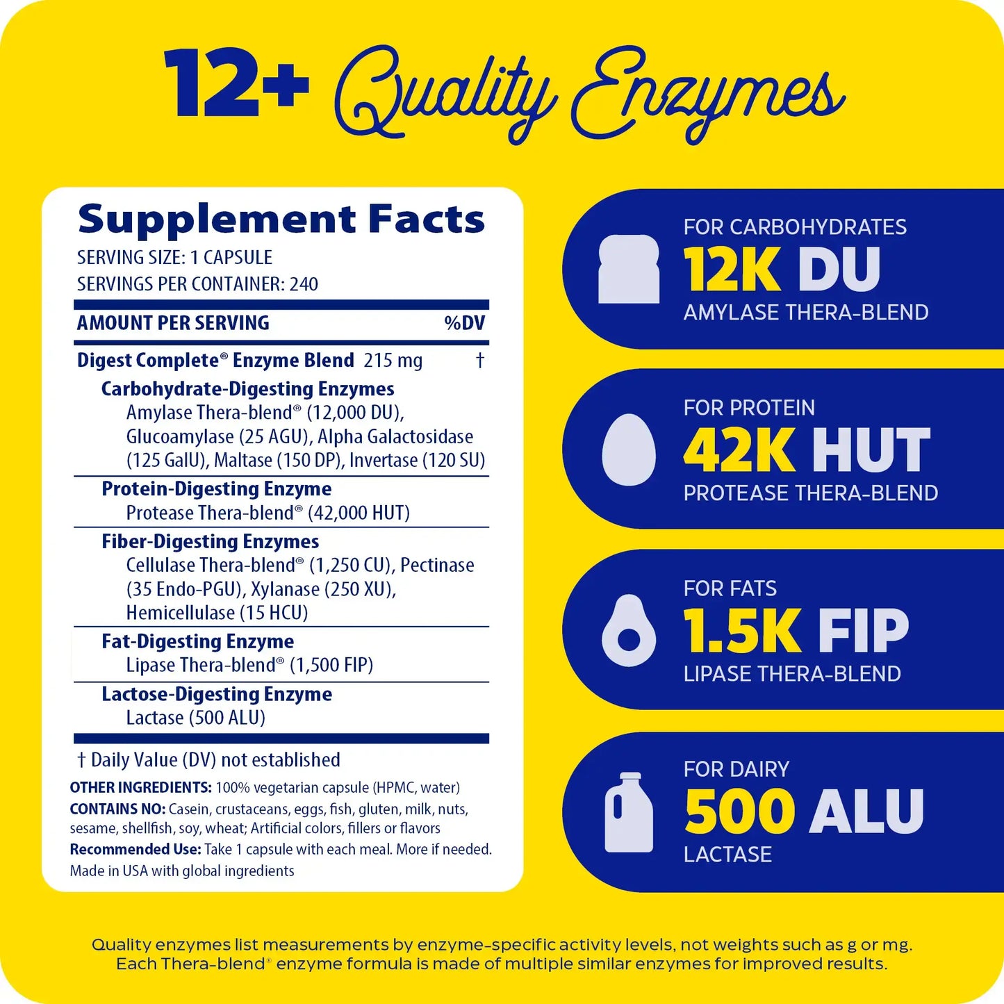 This image shows the supplement facts of Digest Complete that holds 240 capsules.