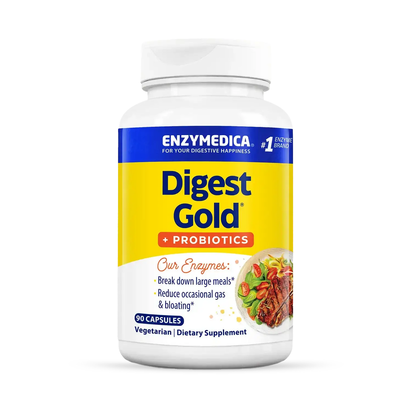 This image shows the 90 capsule bottle for Digest Gold + Probiotics.
