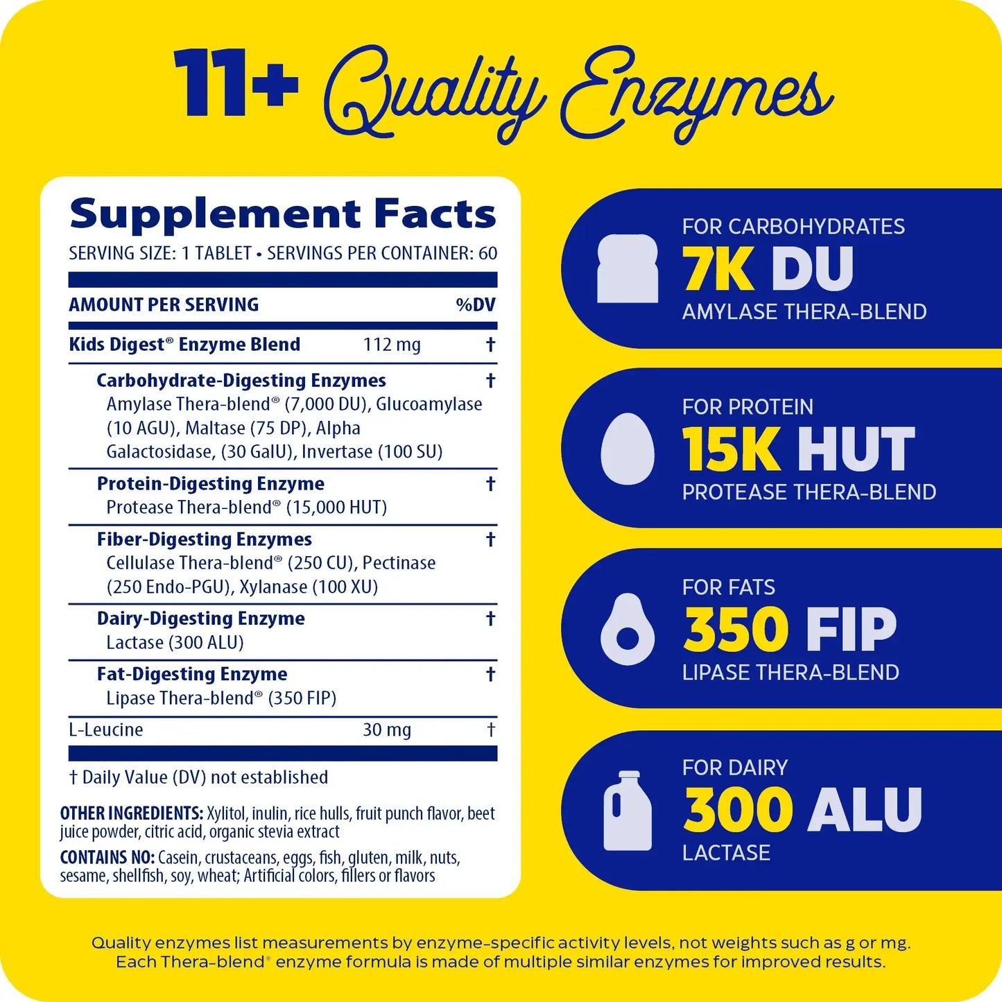 This image shows the supplement facts of Digest Kids Chewable 60 count.