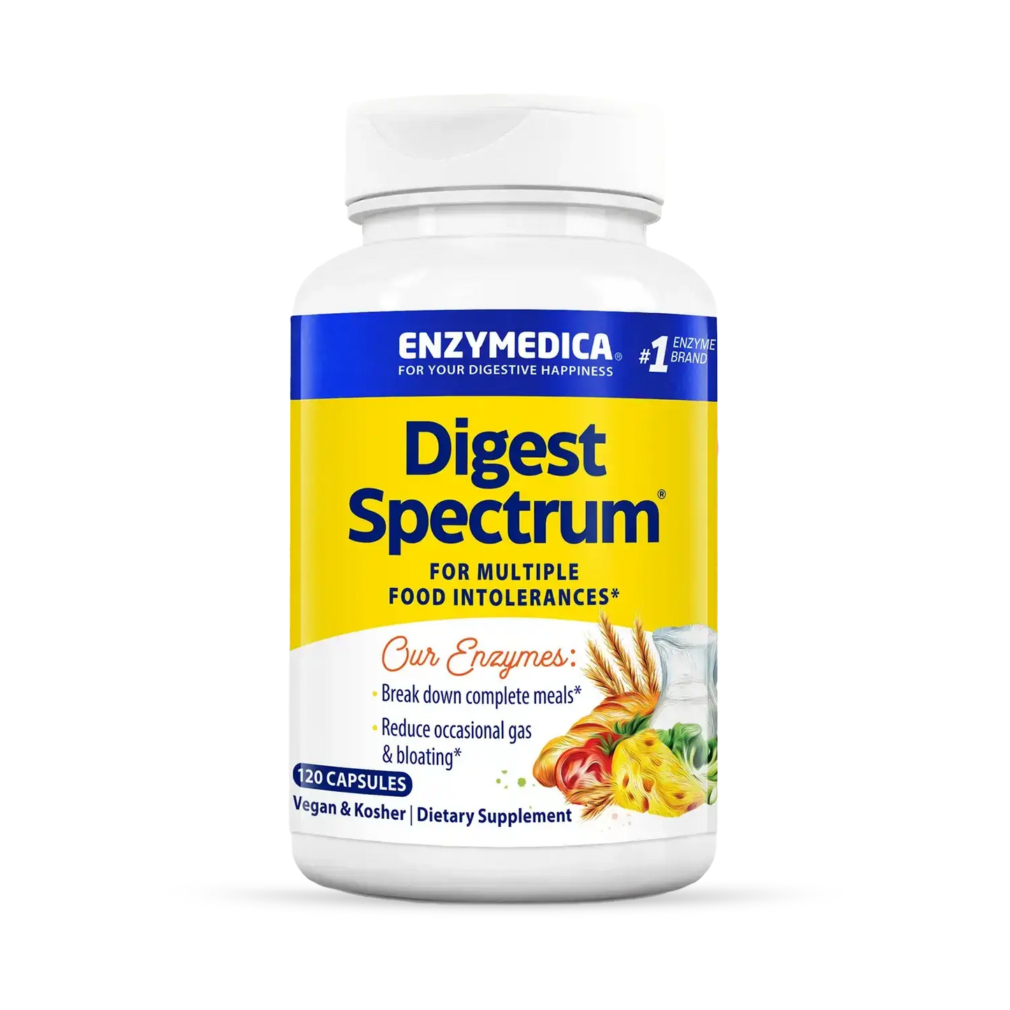 This image shows a bottle of Digest Spectrum that holds 120 capsules.
