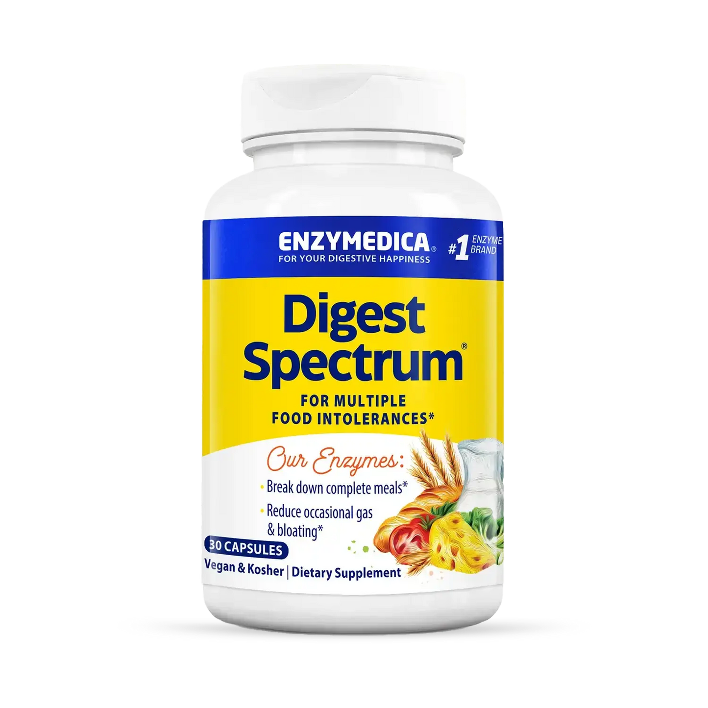 This image shows a bottle of Digest Spectrum that holds 30 capsules.