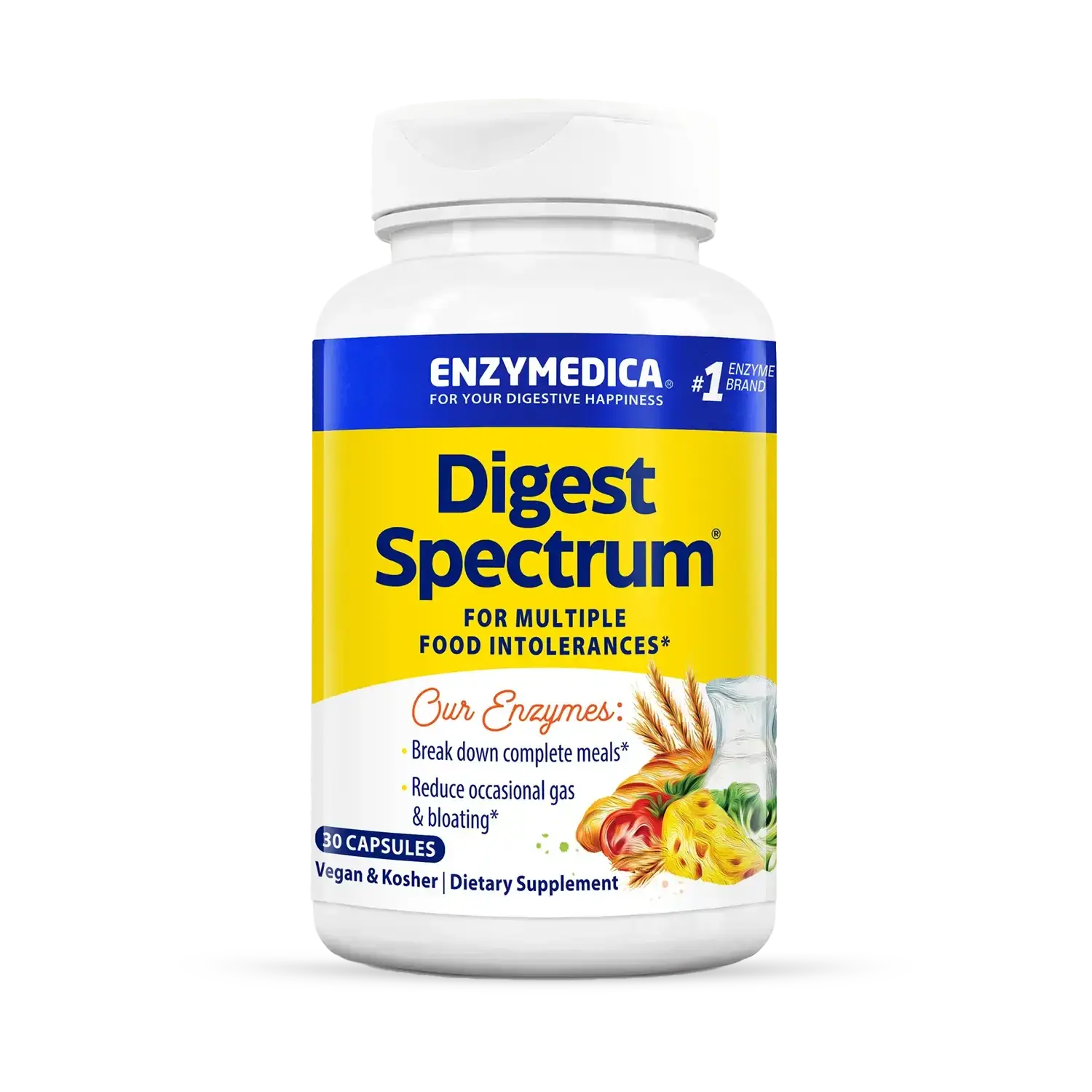 This image shows a bottle of Digest Spectrum that holds 30 capsules.
