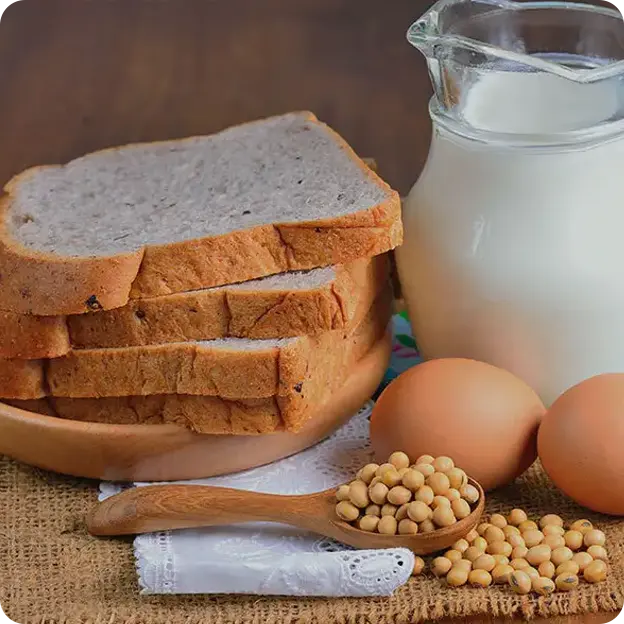 Bread, milk, eggs, peas.