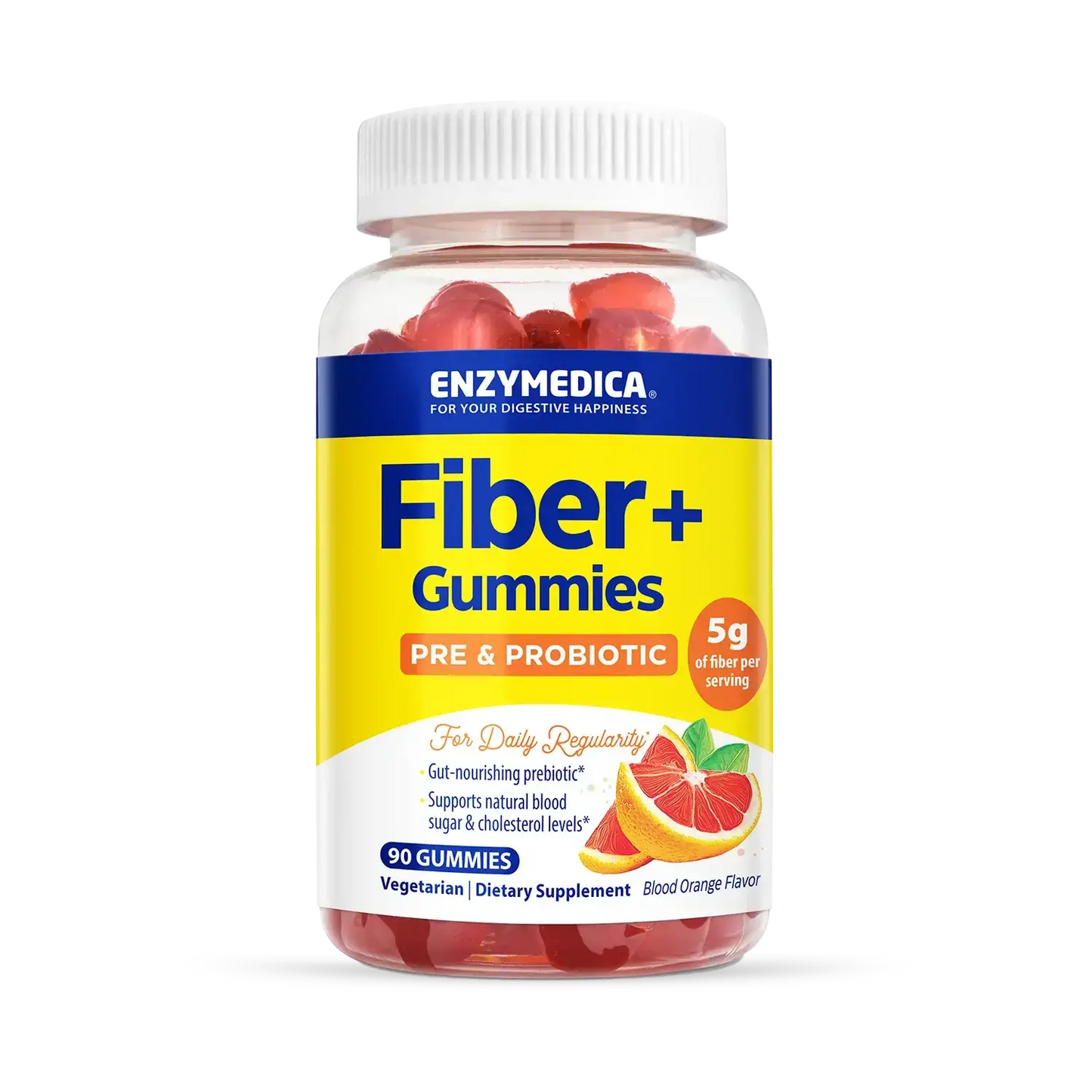 This image shows a bottle of Fiber + Gummies that hold 90 gummies.
