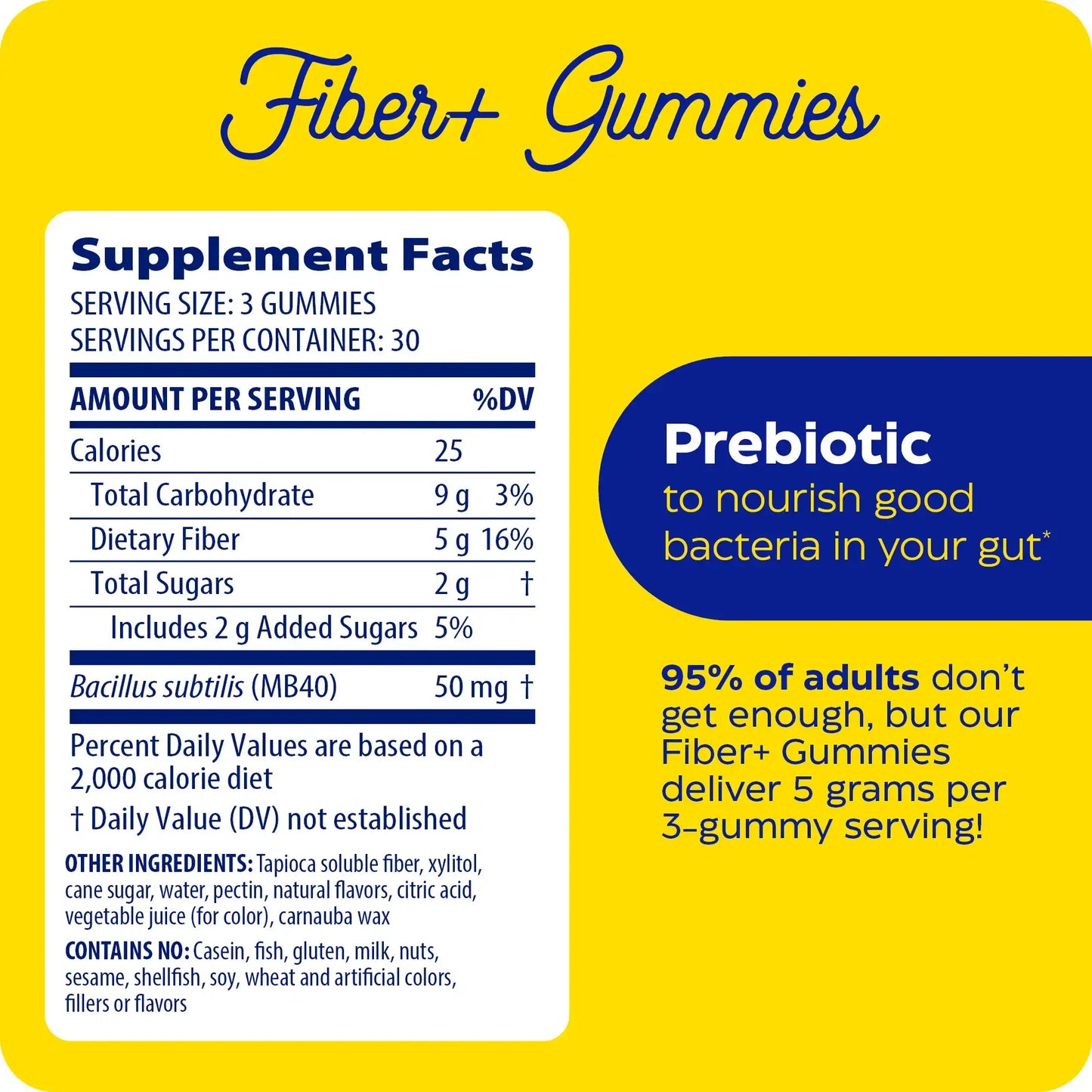 This image shows the supplement facts for Fiber + Gummies.