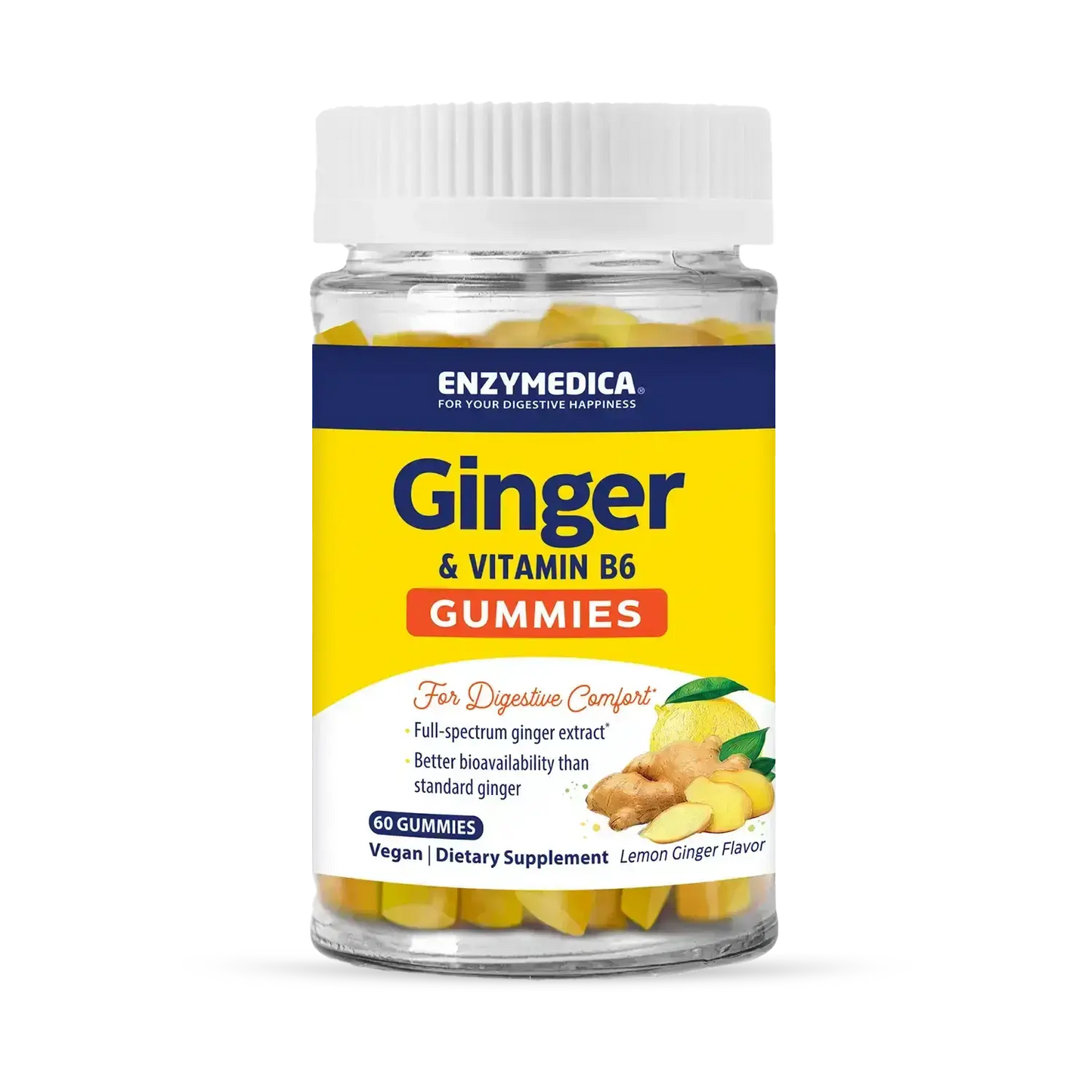 This image shows a container of Ginger + Vitamin B6 Gummies that holds 60 gummies.