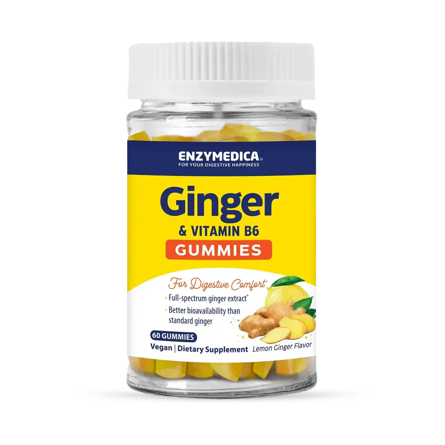 This image shows a container of Ginger + Vitamin B6 Gummies that holds 60 gummies.