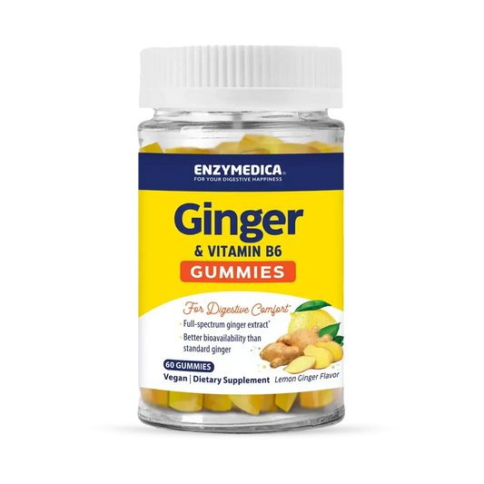 This image shows a container of Ginger + Vitamin B6 Gummies that holds 60 gummies.