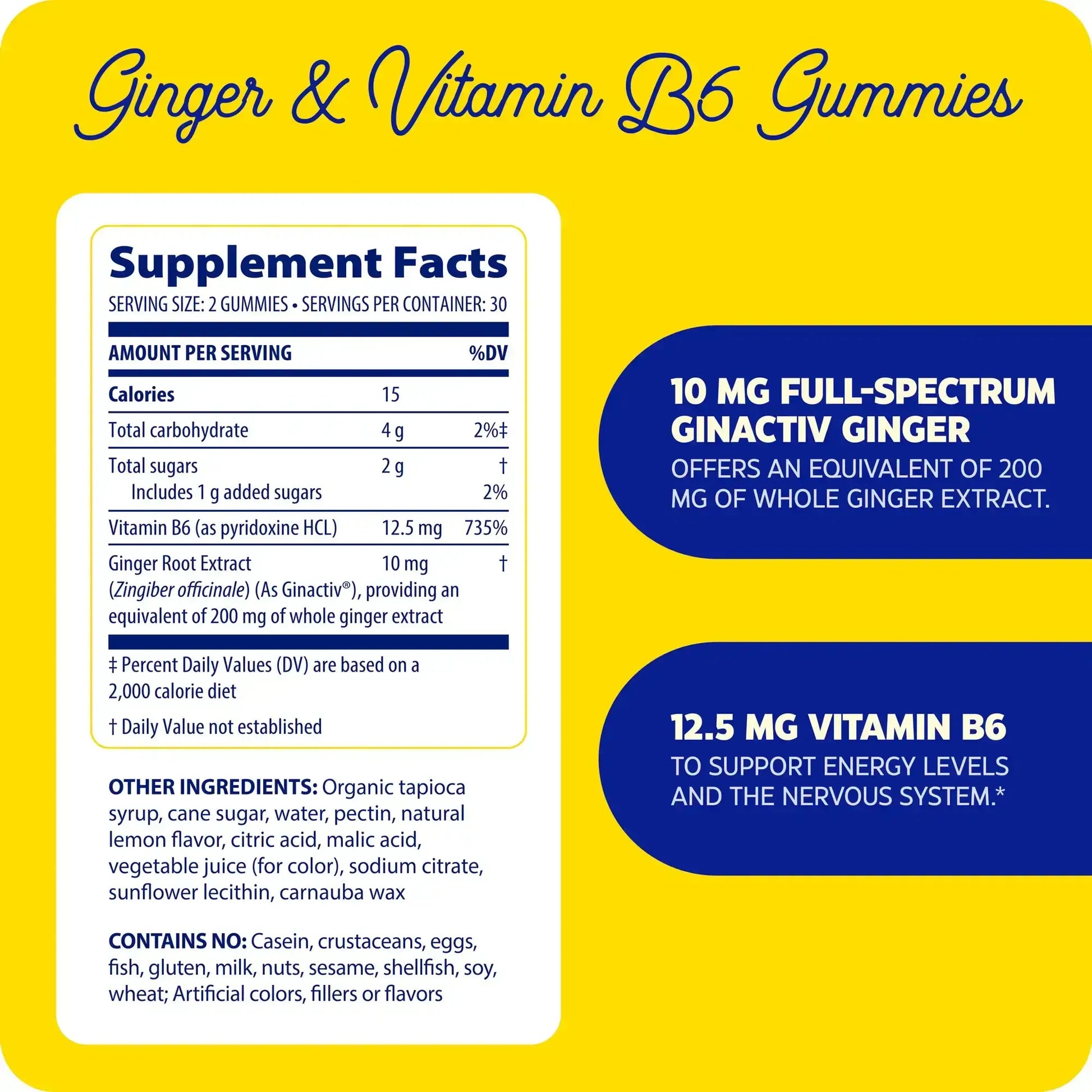 This image shows the supplement facts for Ginger + Vitamin B6.