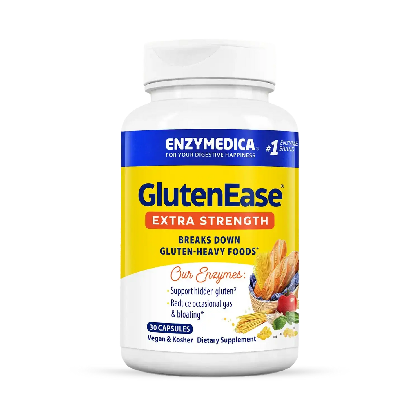 This image shows a container of Gluten Ease Extra Strength that can hold 30 capsules.