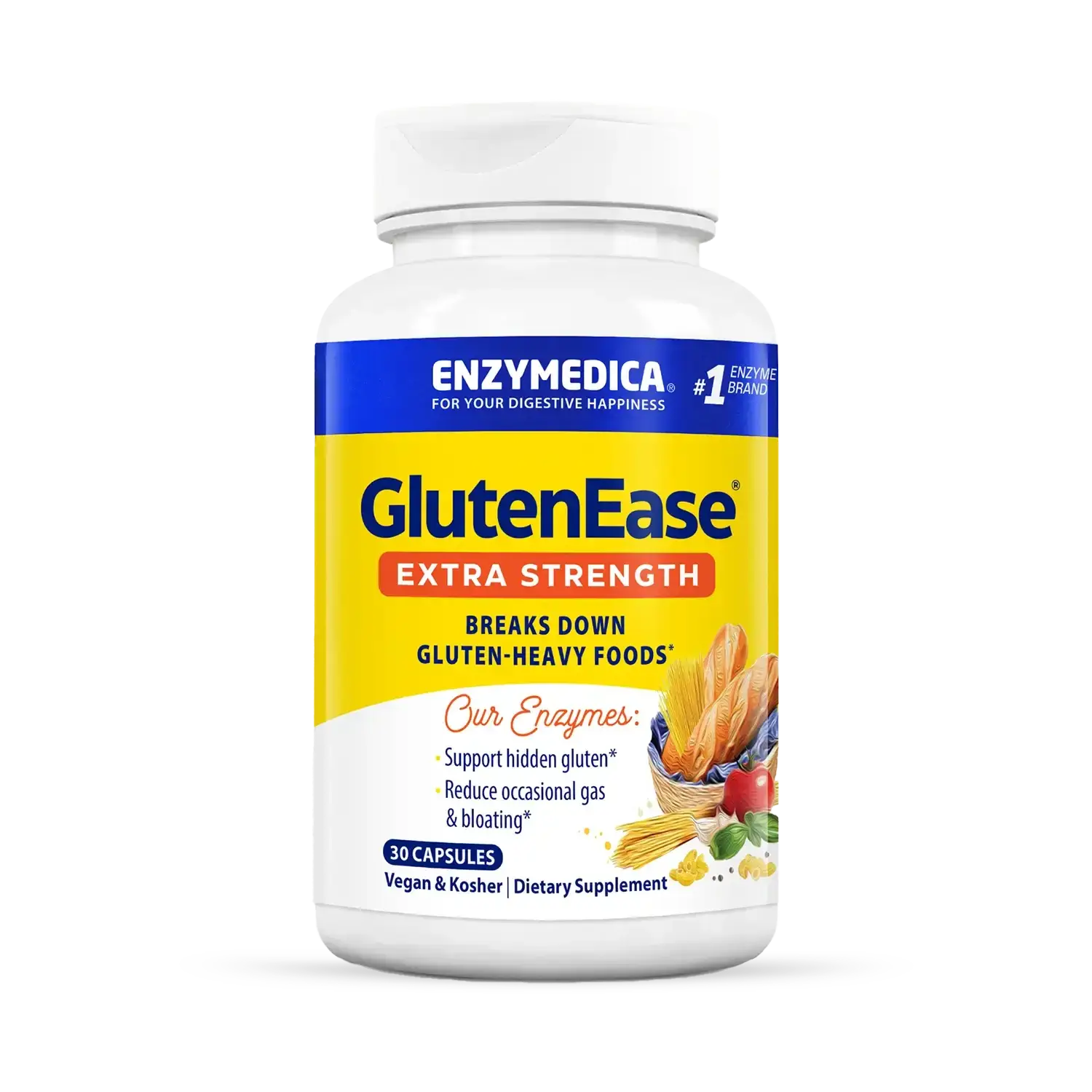 This image shows a container of Gluten Ease Extra Strength that can hold 30 capsules.
