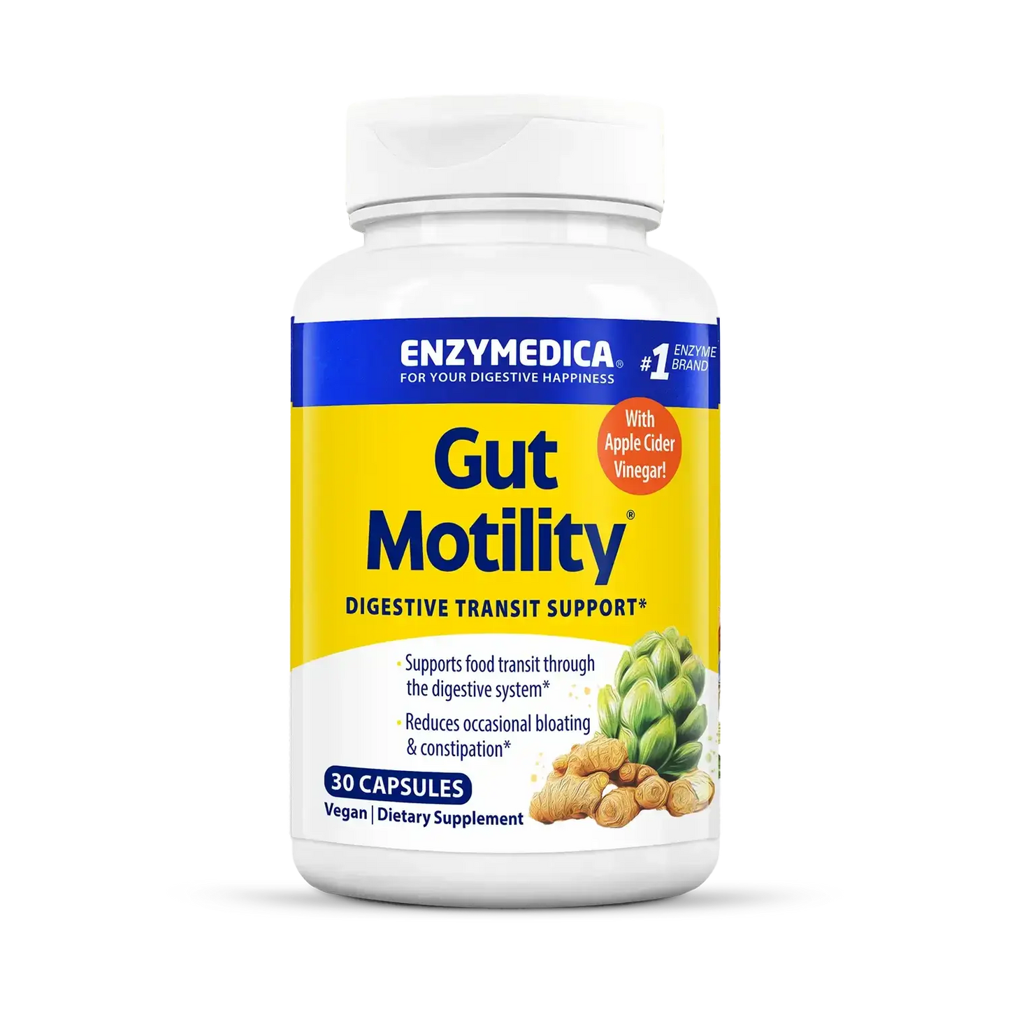 This image shows a Gut Motility bottle that holds 30 capsules.