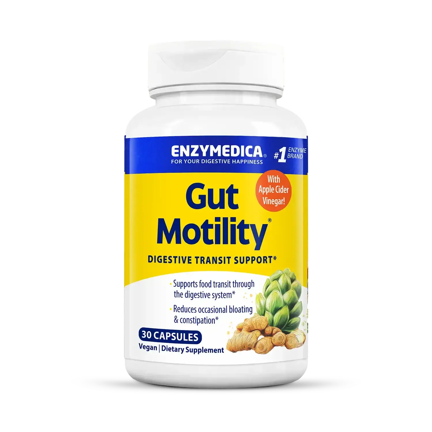This image shows a Gut Motility bottle that holds 30 capsules.