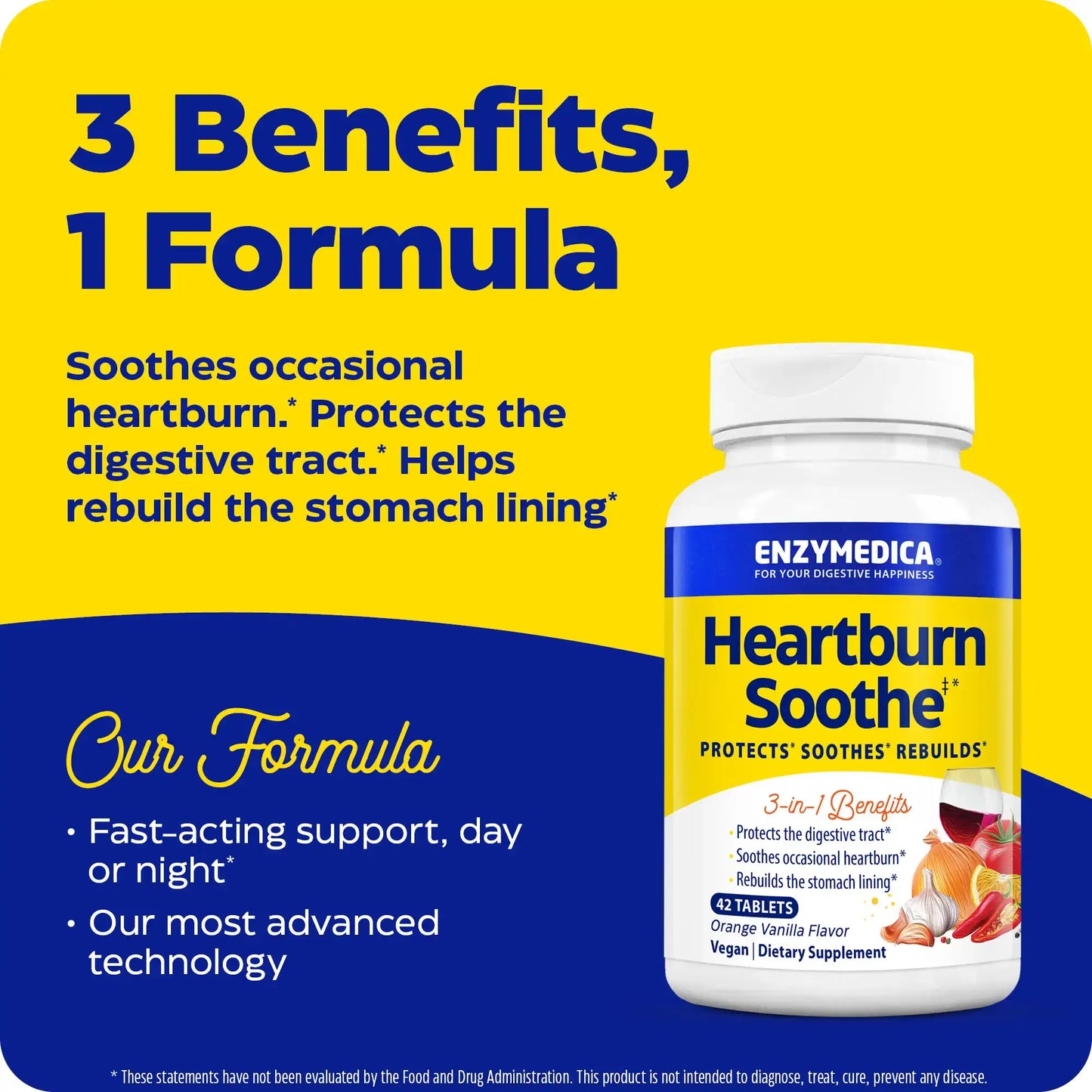 This image shows the 3 benefits and 1 formula for Heartburn Soothe Chewable.